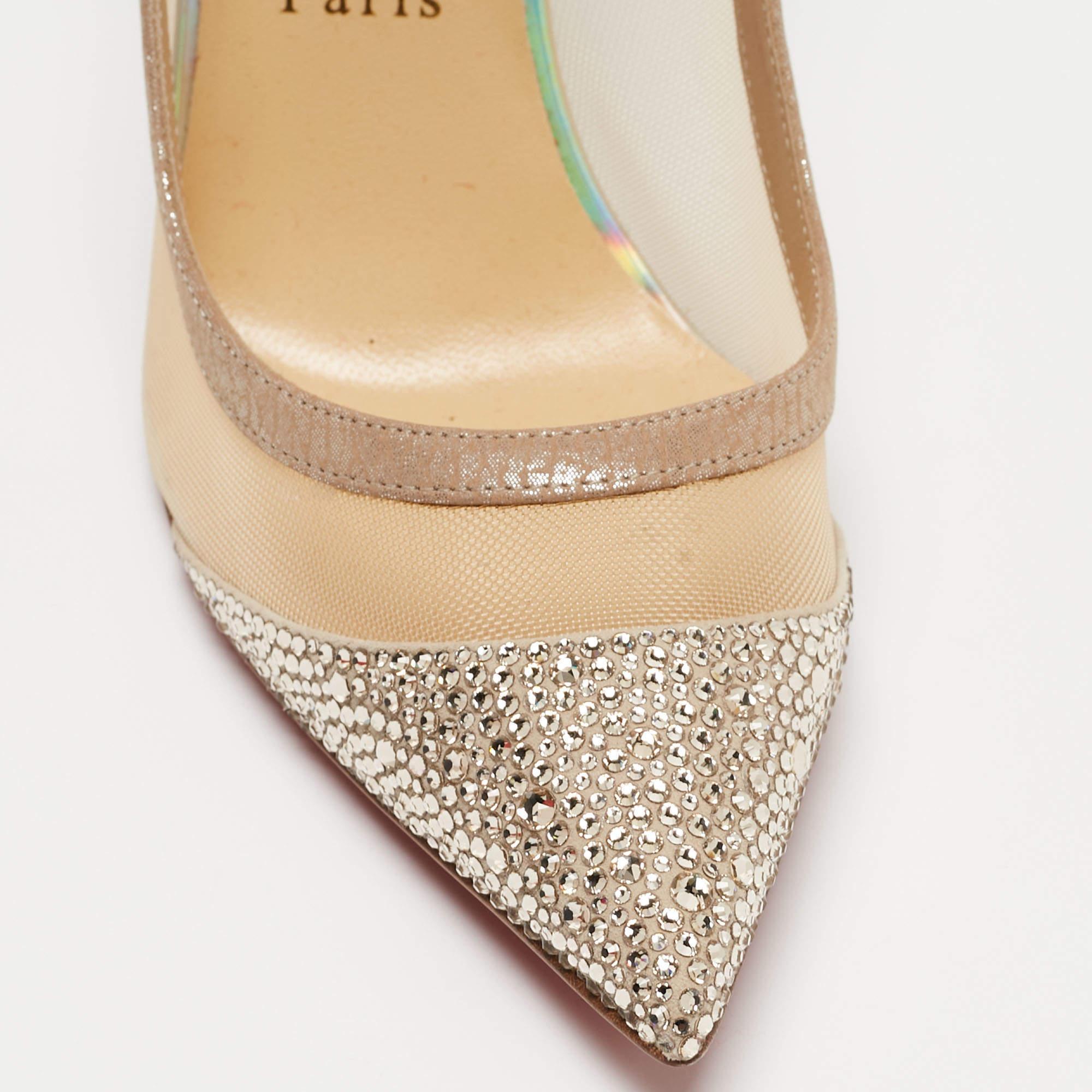 Christian Louboutin Beige Mesh and Laminated Suede Galativi Strass Pumps Size 41 In Good Condition For Sale In Dubai, Al Qouz 2