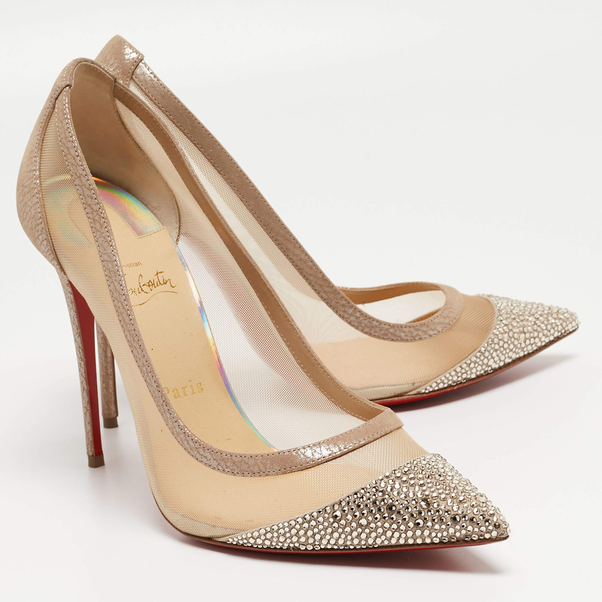 Women's Christian Louboutin Beige Mesh and Laminated Suede Galativi Strass Pumps Size 41 For Sale