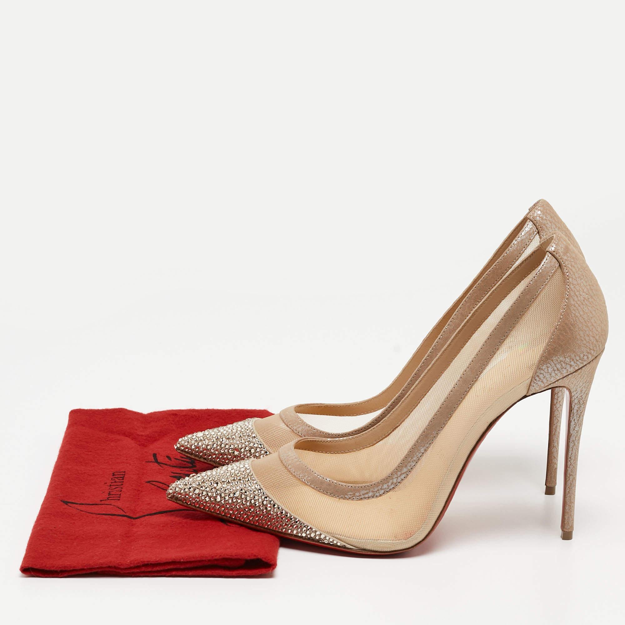 Christian Louboutin Beige Mesh and Laminated Suede Galativi Strass Pumps Size 41 For Sale 2