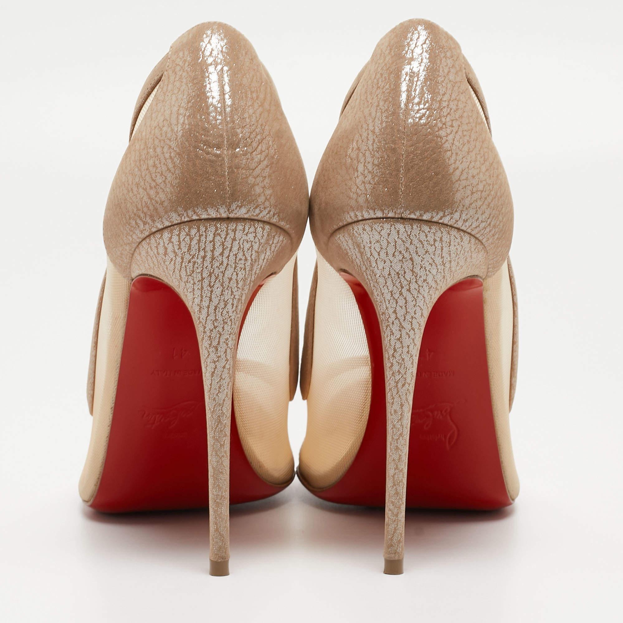 Christian Louboutin Beige Mesh and Laminated Suede Galativi Strass Pumps Size 41 For Sale 5