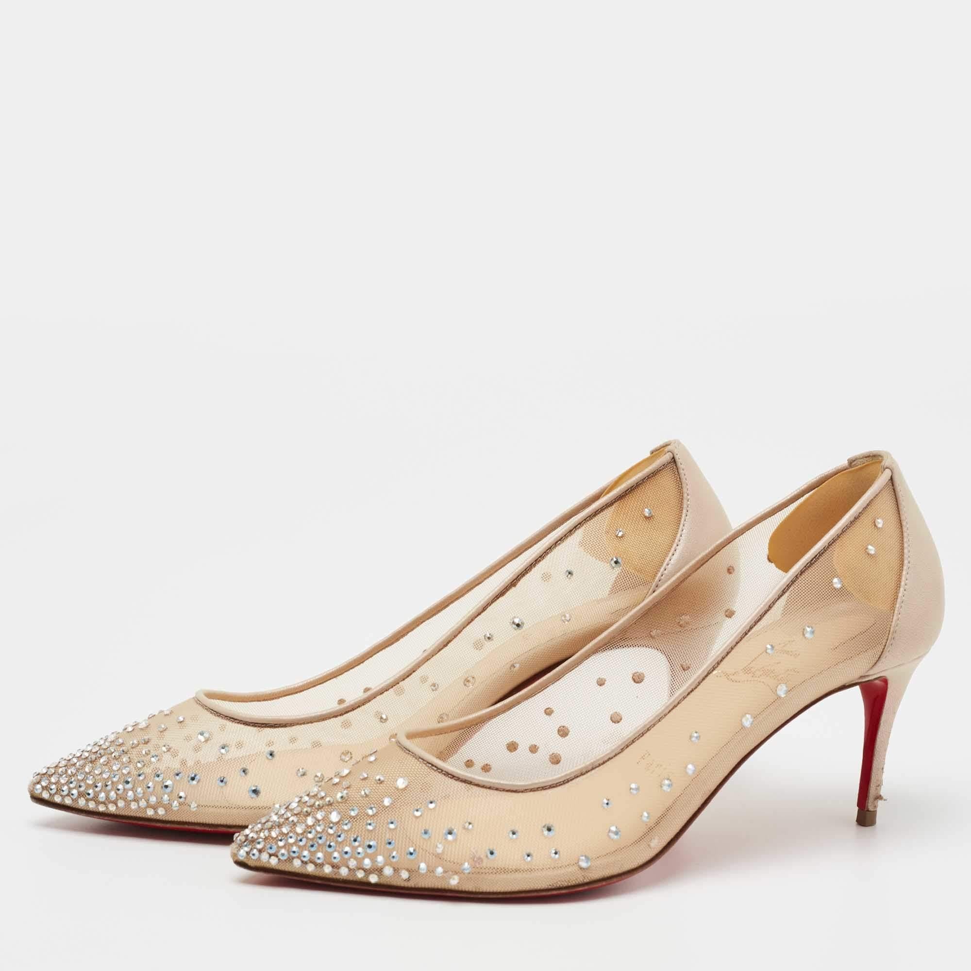 Women's Christian Louboutin Beige Mesh and Leather Follies Strass Pumps Size 35