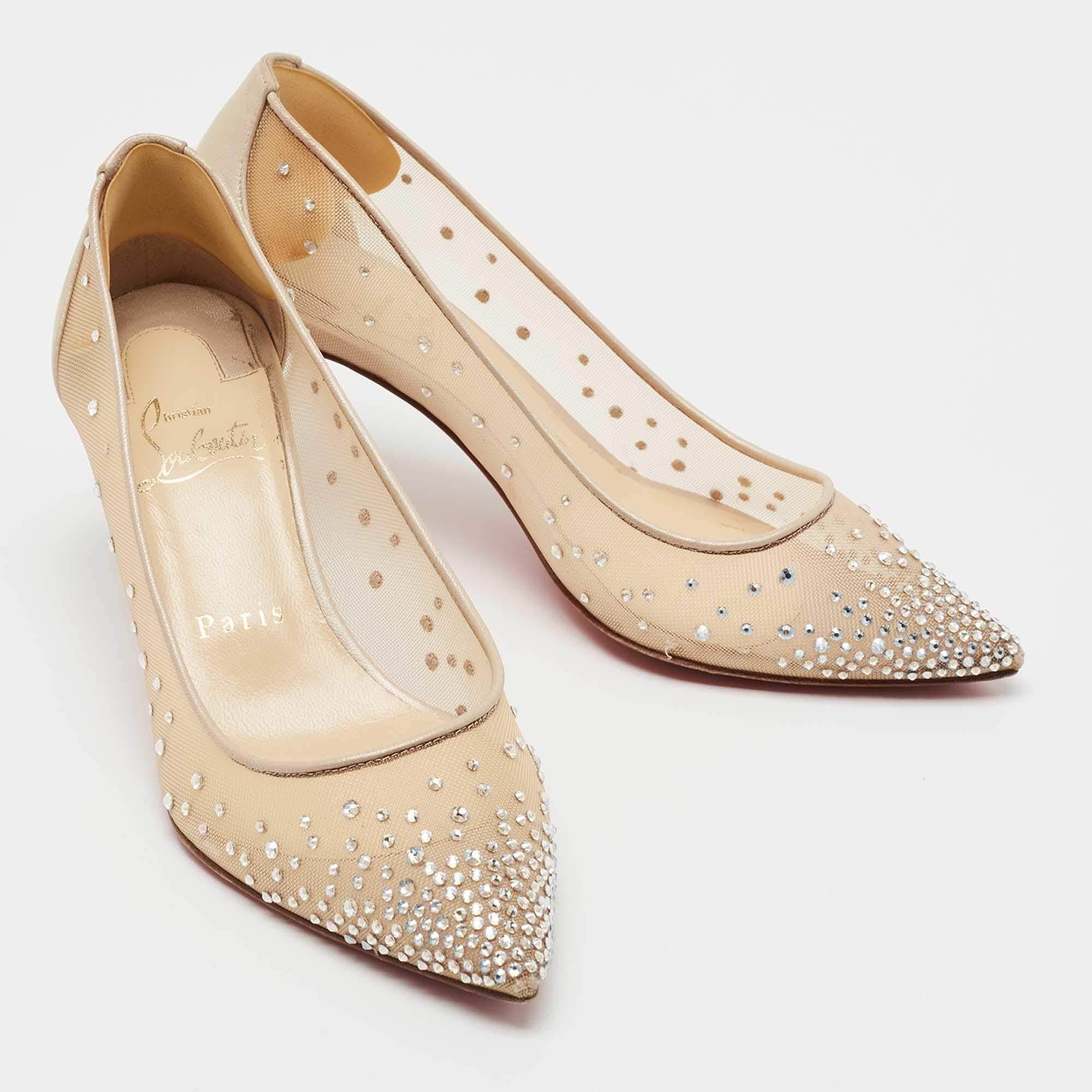Christian Louboutin Beige Mesh and Leather Follies Strass Pumps Size 35 1