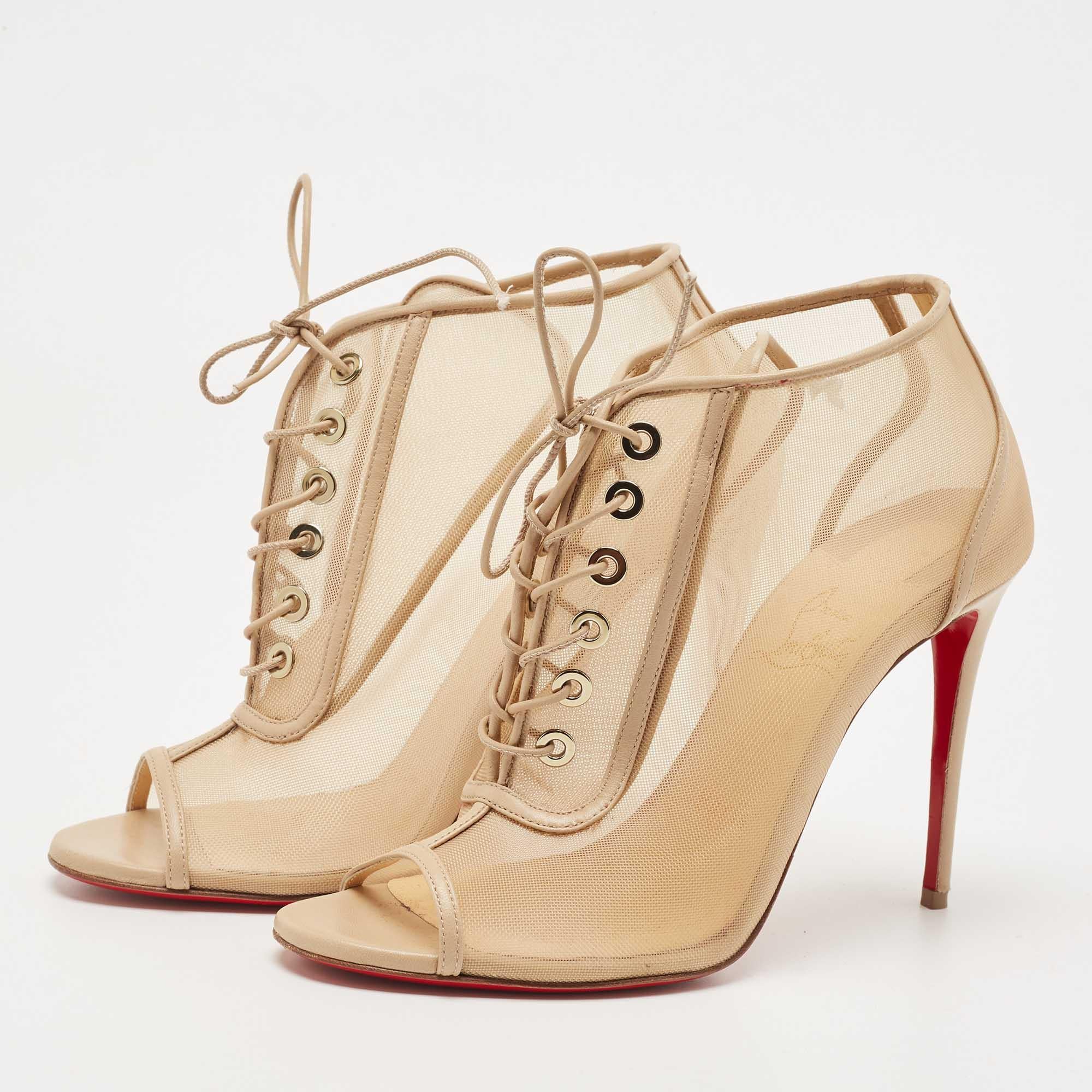 Christian Louboutin Beige Mesh and Leather Open Ondessa Lace Up Booties Size 37 For Sale 2
