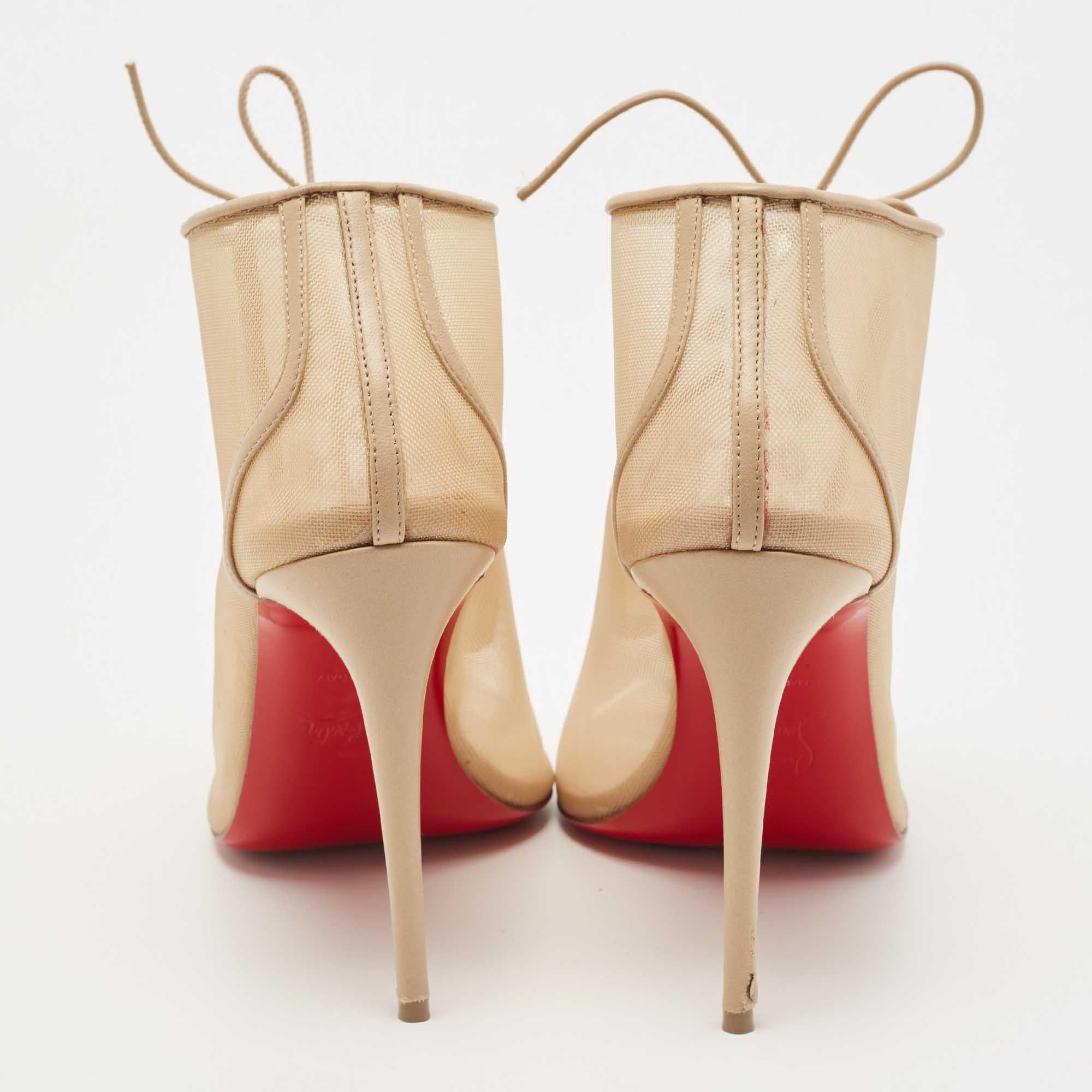 Christian Louboutin Beige Mesh and Leather Open Ondessa Lace Up Booties Size 37 For Sale 3