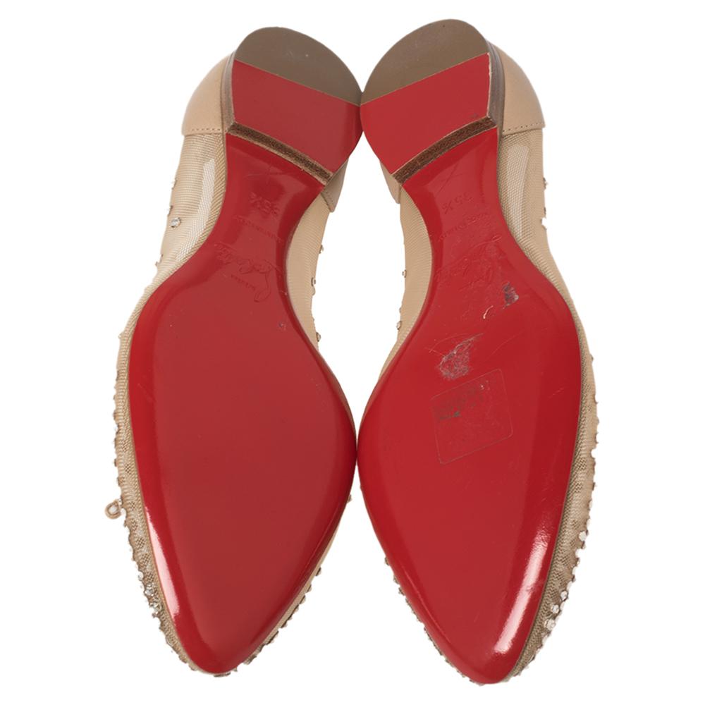 Christian Louboutin Beige Mesh und Leder Strass Patio Ballet Flats Größe 35.5 Damen