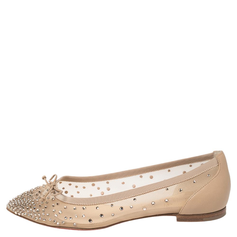 Women's Christian Louboutin Beige Mesh And Leather Strass Patio Ballet Flats Size 35.5