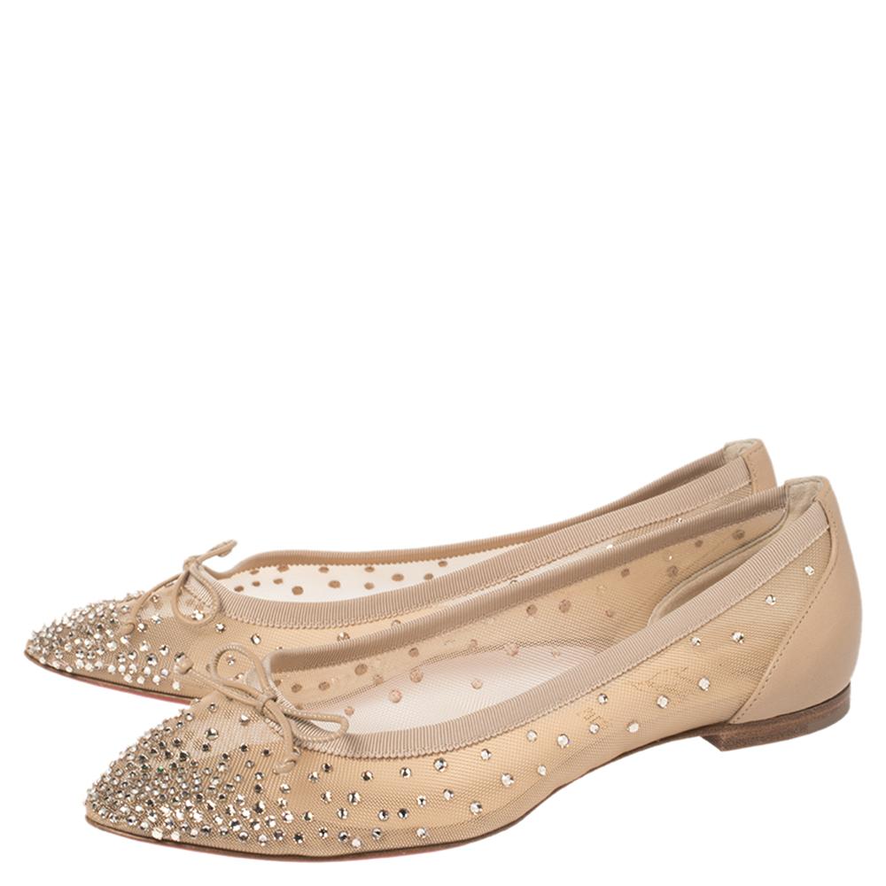Christian Louboutin Beige Mesh And Leather Strass Patio Ballet Flats Size 35.5 2