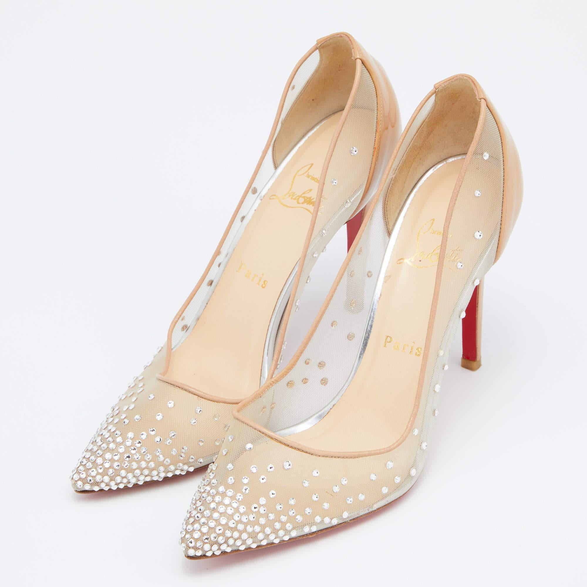 Women's Christian Louboutin Beige Mesh and Patent Leather Follies Strass Pumps Size 39