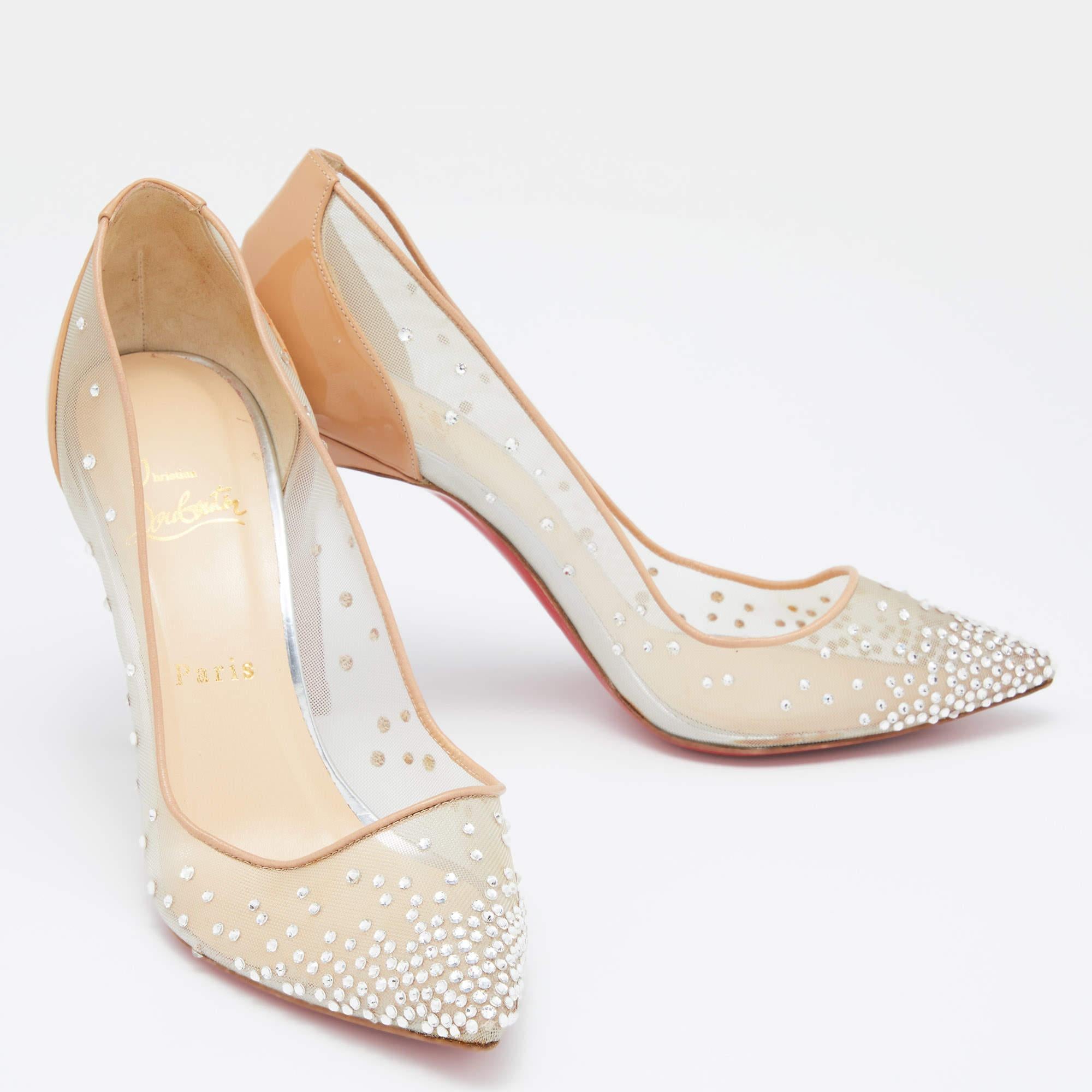 Christian Louboutin Beige Mesh and Patent Leather Follies Strass Pumps Size 39 1