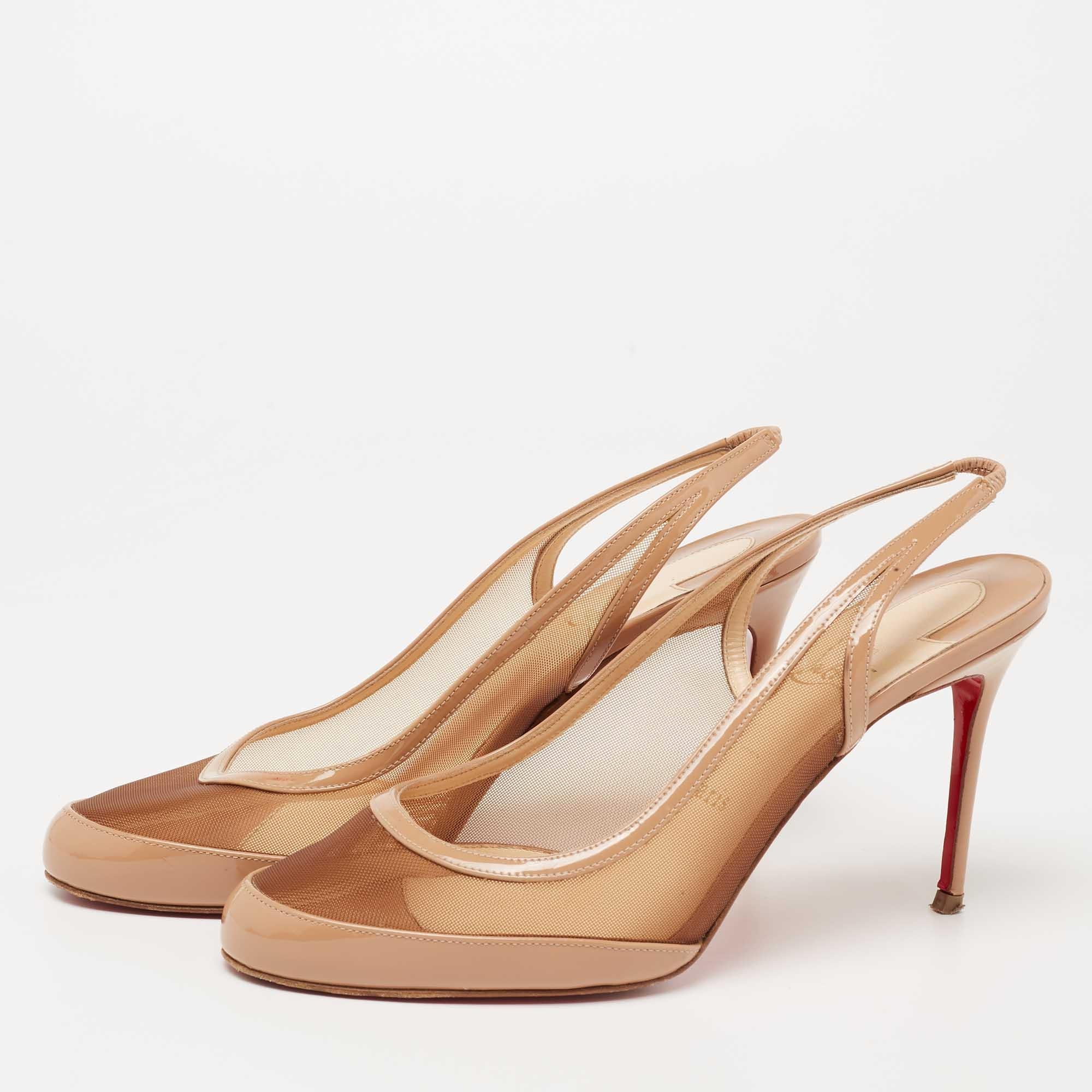 A simple rounded-toe slingback sandal covered in beige patent leather & mesh and elevated on a slim heel brings out the charm of this Christian Louboutin design. The shoes are carefully fashioned to ensure every step you take is comfortable and