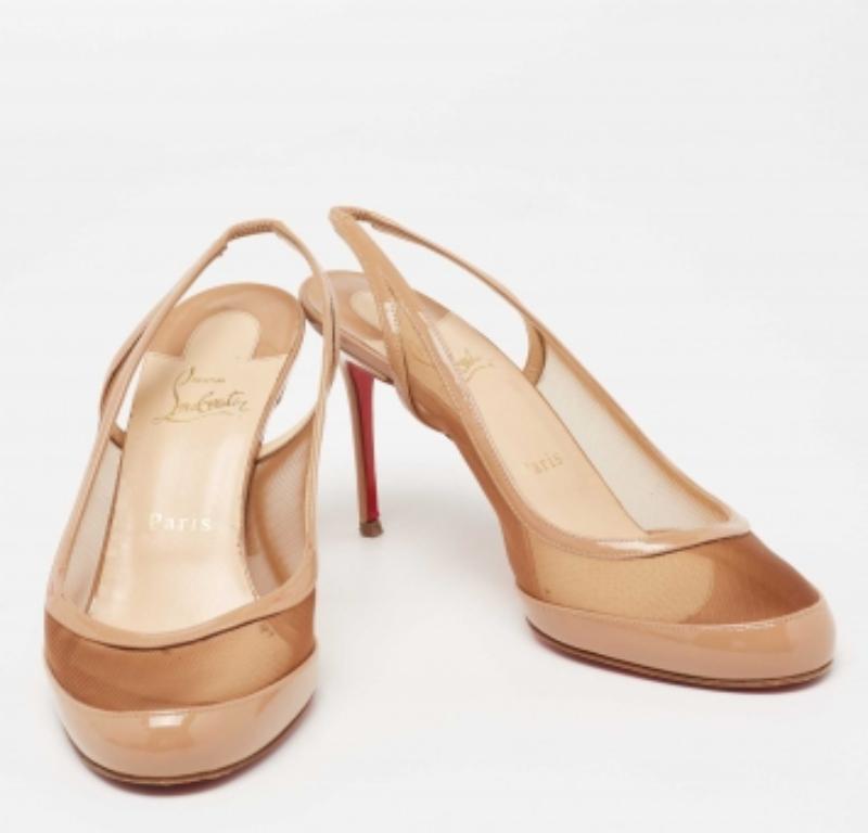 Christian Louboutin Beige Mesh and Patent Leather Slingback Pumps Size 38 In Good Condition For Sale In Dubai, Al Qouz 2