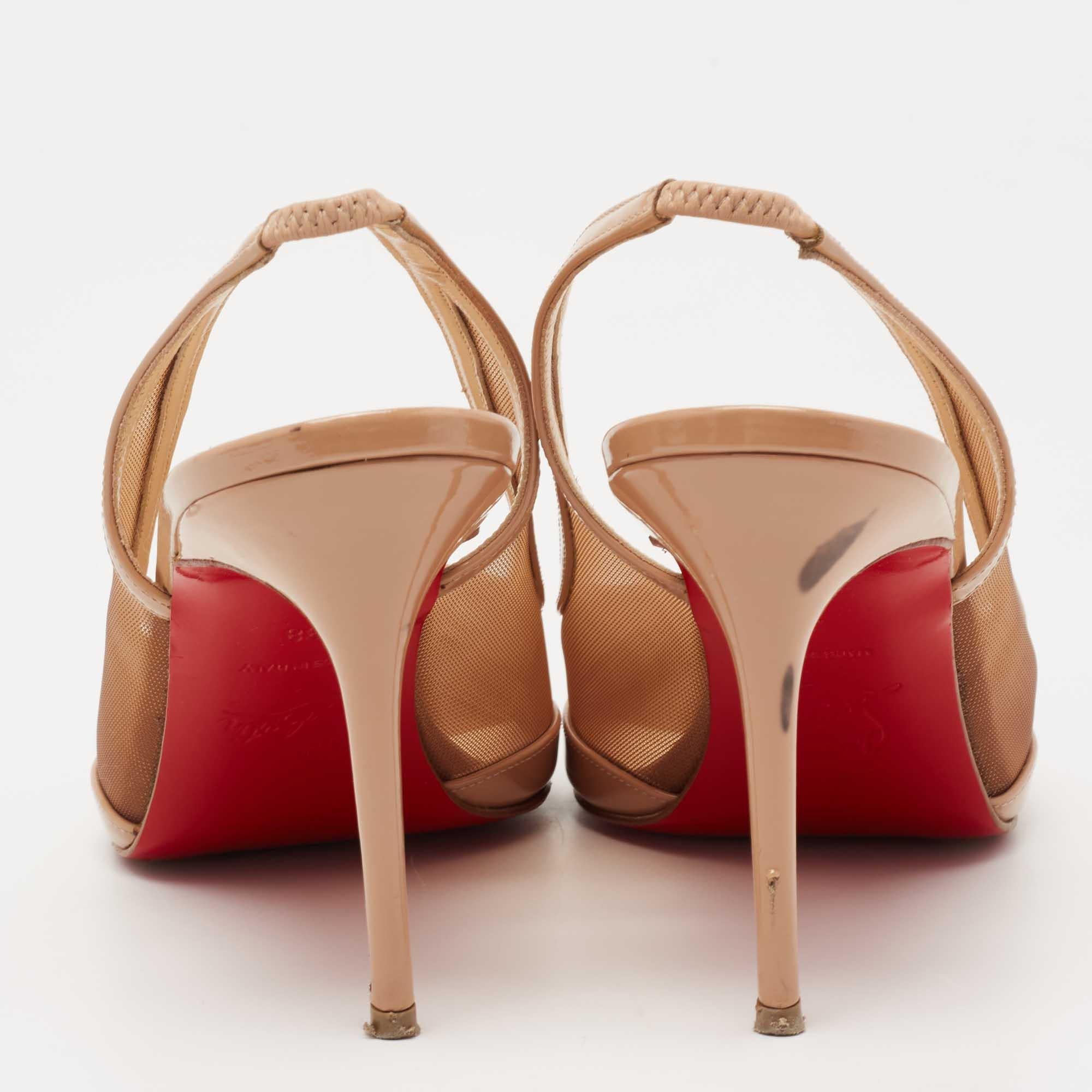 Christian Louboutin Beige Mesh and Patent Leather Slingback Pumps Size 38 For Sale 1
