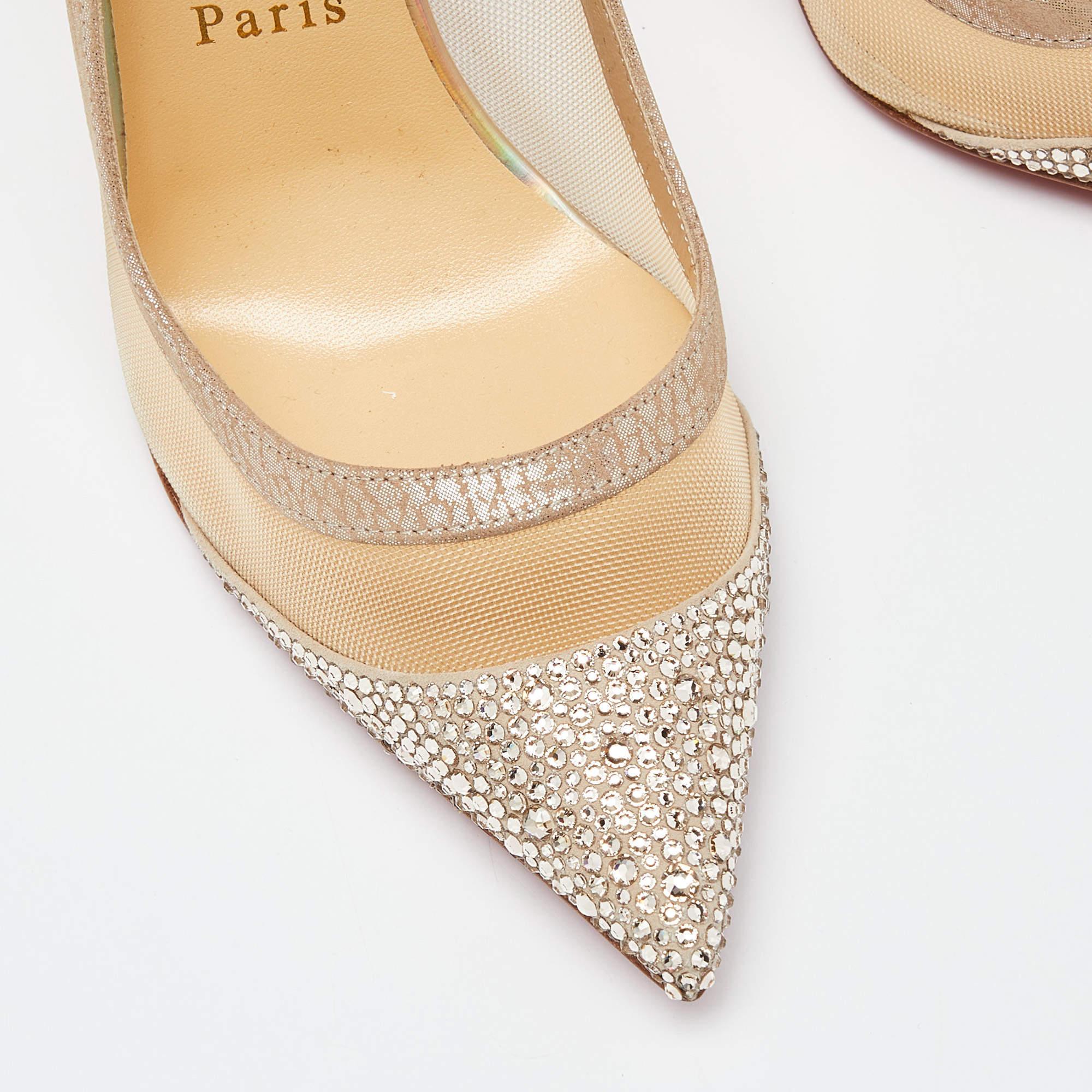 Christian Louboutin Beige Mesh and Suede Embellished Galativi Strass Pumps Size  For Sale 1