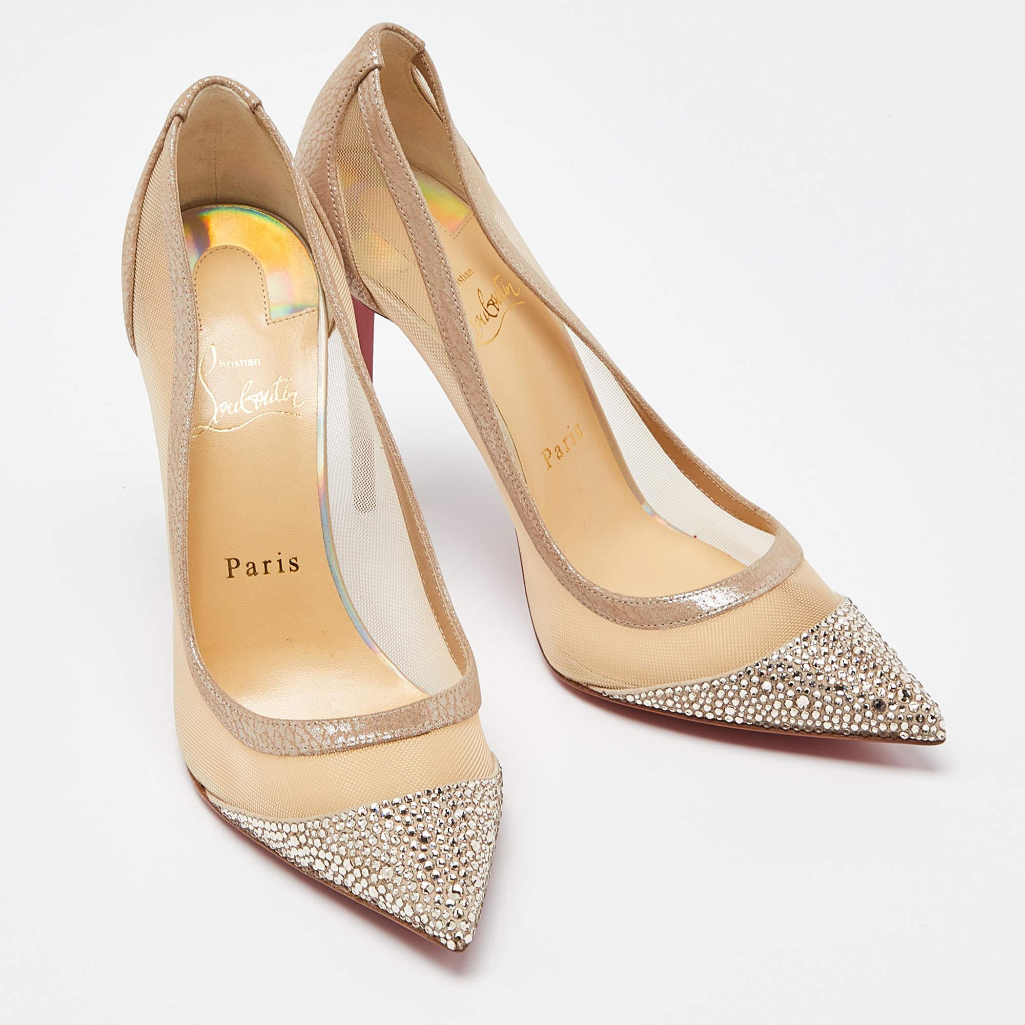 Christian Louboutin Beige Mesh and Suede Embellished Galativi Strass Pumps Size  For Sale 2