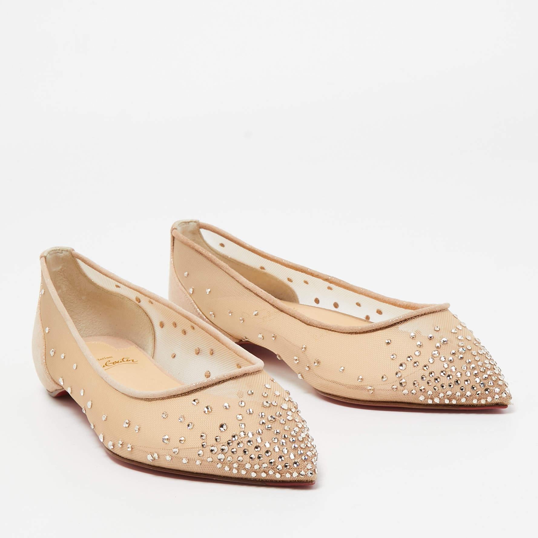 Women's Christian Louboutin Beige Mesh and Suede Follies Strass Ballet Flats Size 38 For Sale