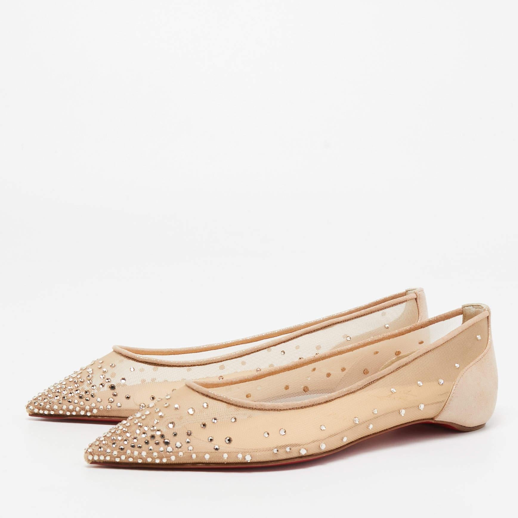 Christian Louboutin Beige Mesh and Suede Follies Strass Ballet Flats Size 38 For Sale 1