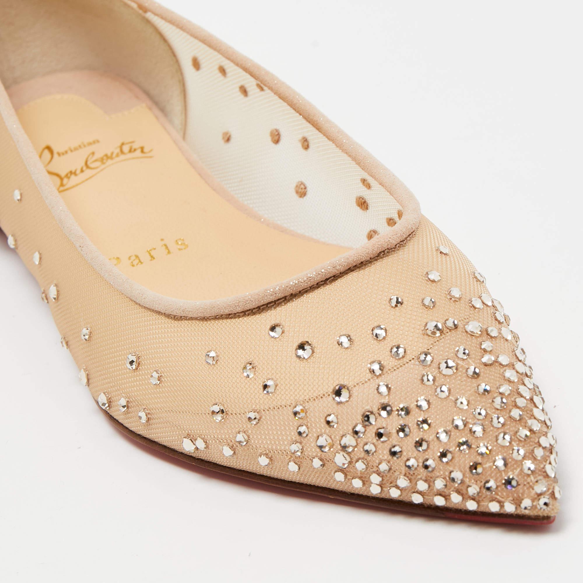 Christian Louboutin Beige Mesh and Suede Follies Strass Ballet Flats Size 38 For Sale 2
