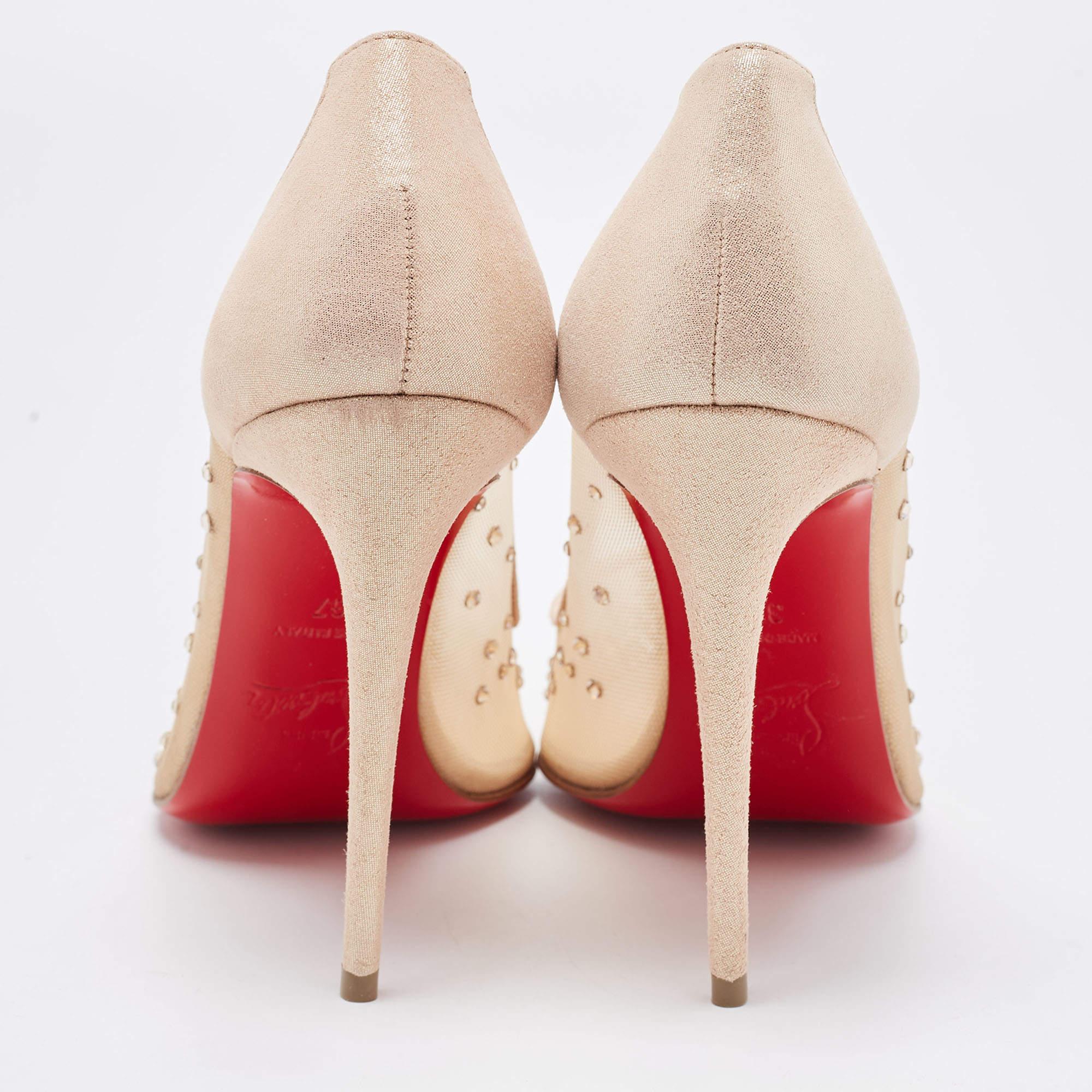 Christian Louboutin Beige Mesh and Suede Follies Strass Pointed Toe Pumps Size37 In Excellent Condition In Dubai, Al Qouz 2