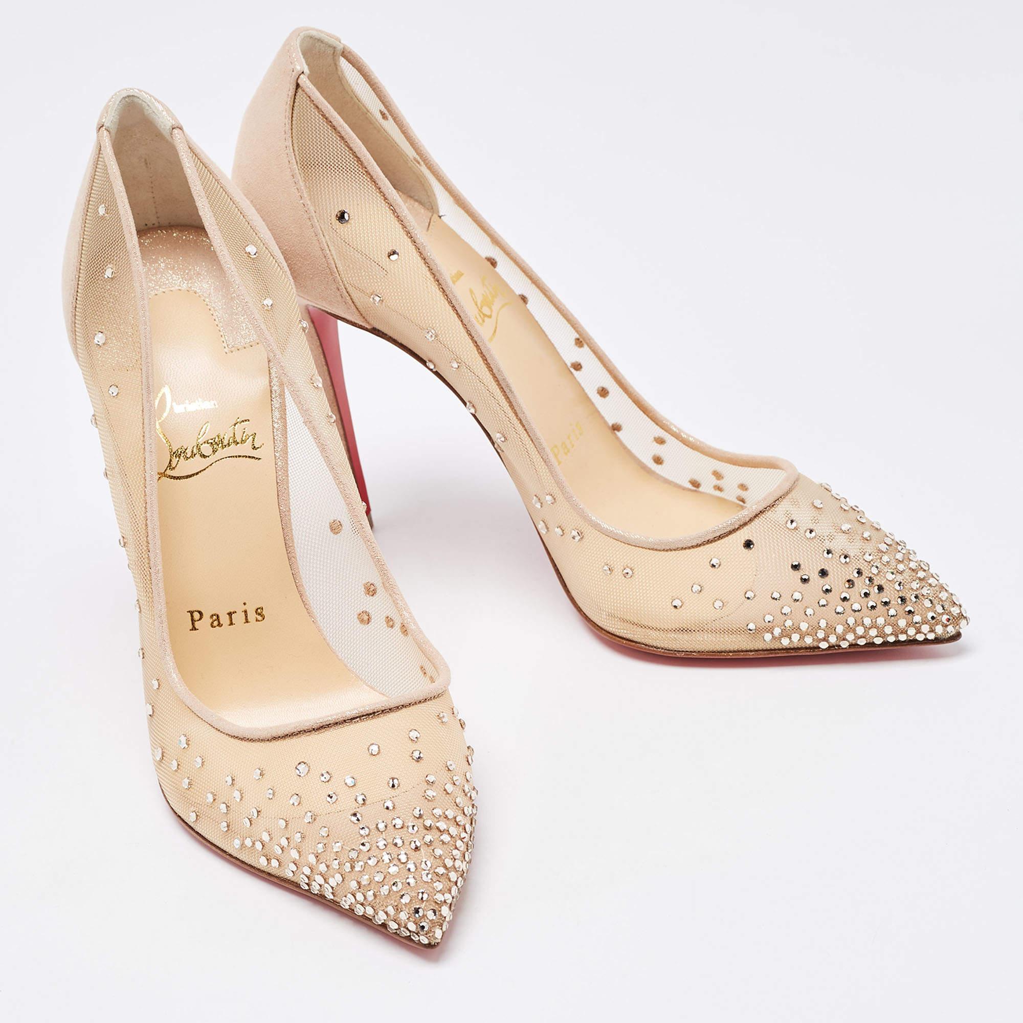 Women's Christian Louboutin Beige Mesh and Suede Follies Strass Pointed Toe Pumps Size37