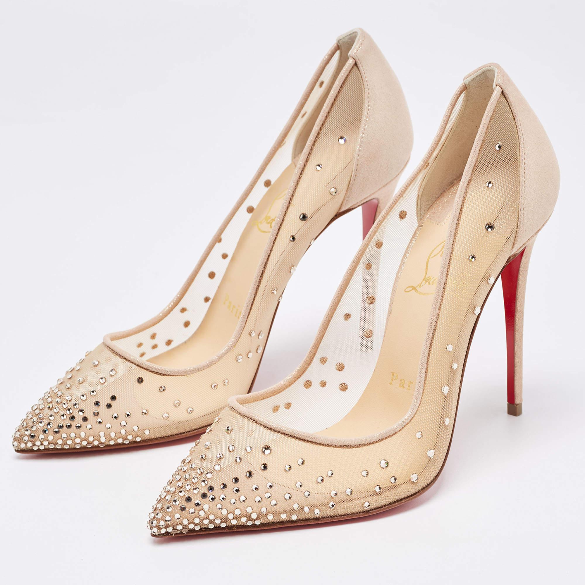 Christian Louboutin Beige Mesh and Suede Follies Strass Pointed Toe Pumps Size37 1