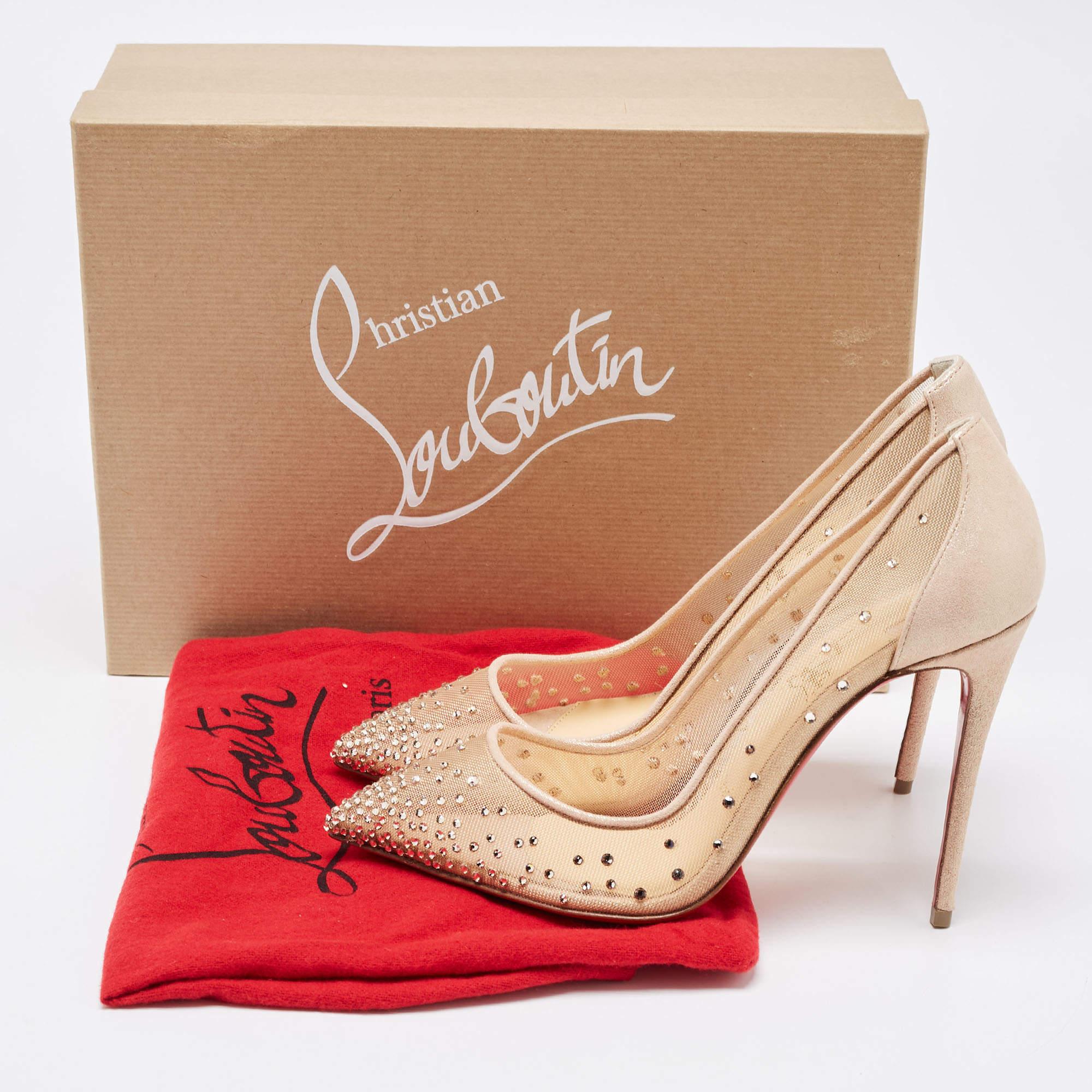 Christian Louboutin Beige Mesh and Suede Follies Strass Pointed Toe Pumps Size37 5