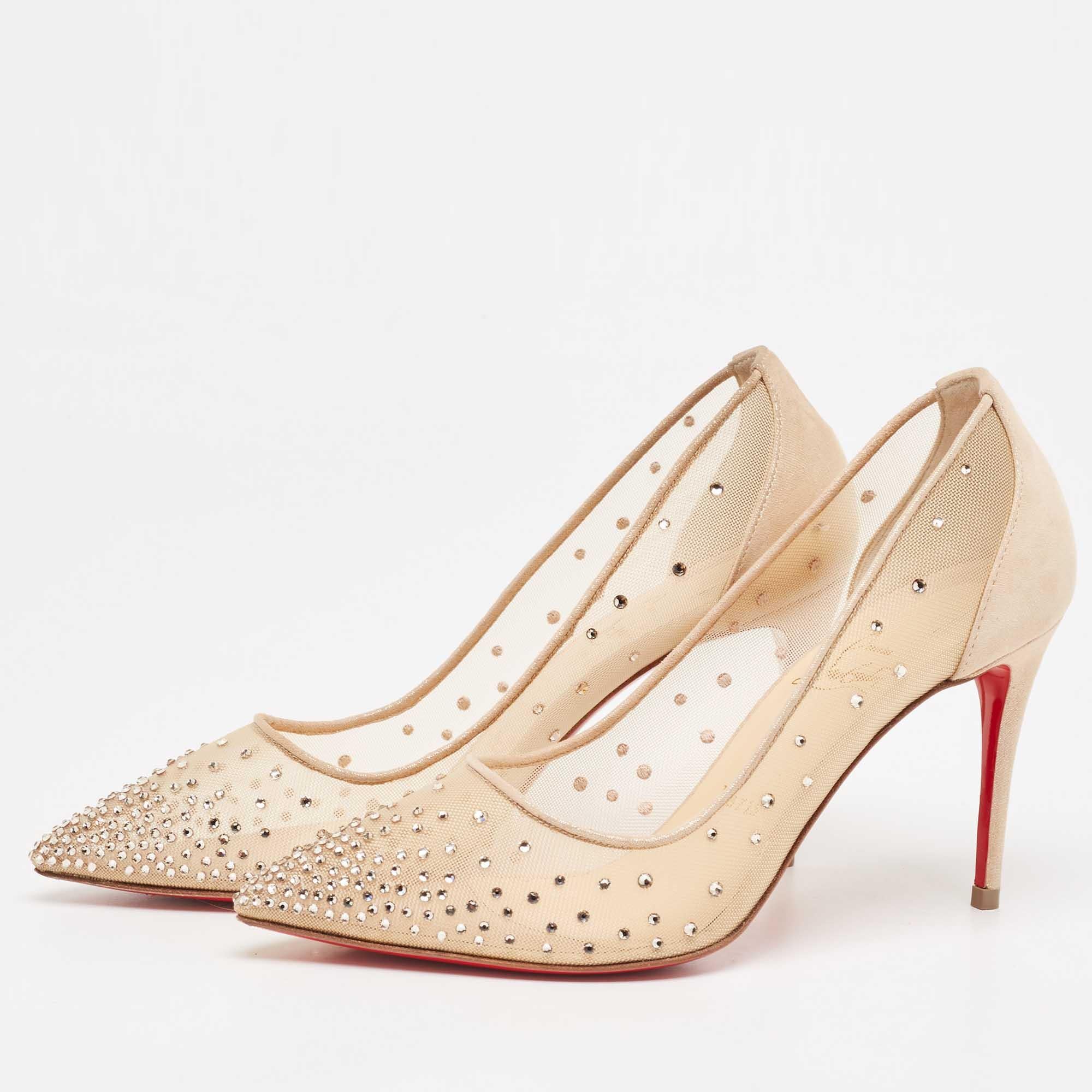 Christian Louboutin Beige Mesh and Suede Follies Strass Pumps Size 37 In Good Condition In Dubai, Al Qouz 2