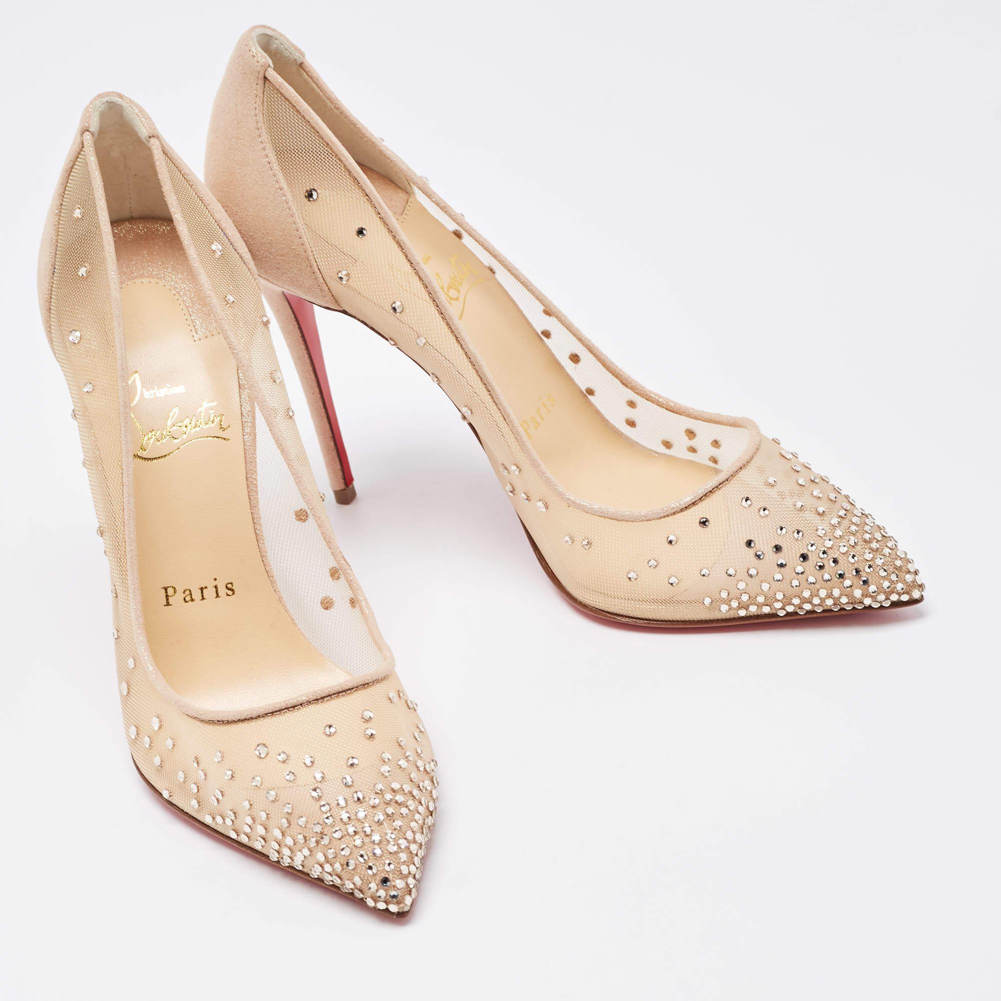 Women's Christian Louboutin Beige Mesh and Suede Follies Strass Pumps Size 37
