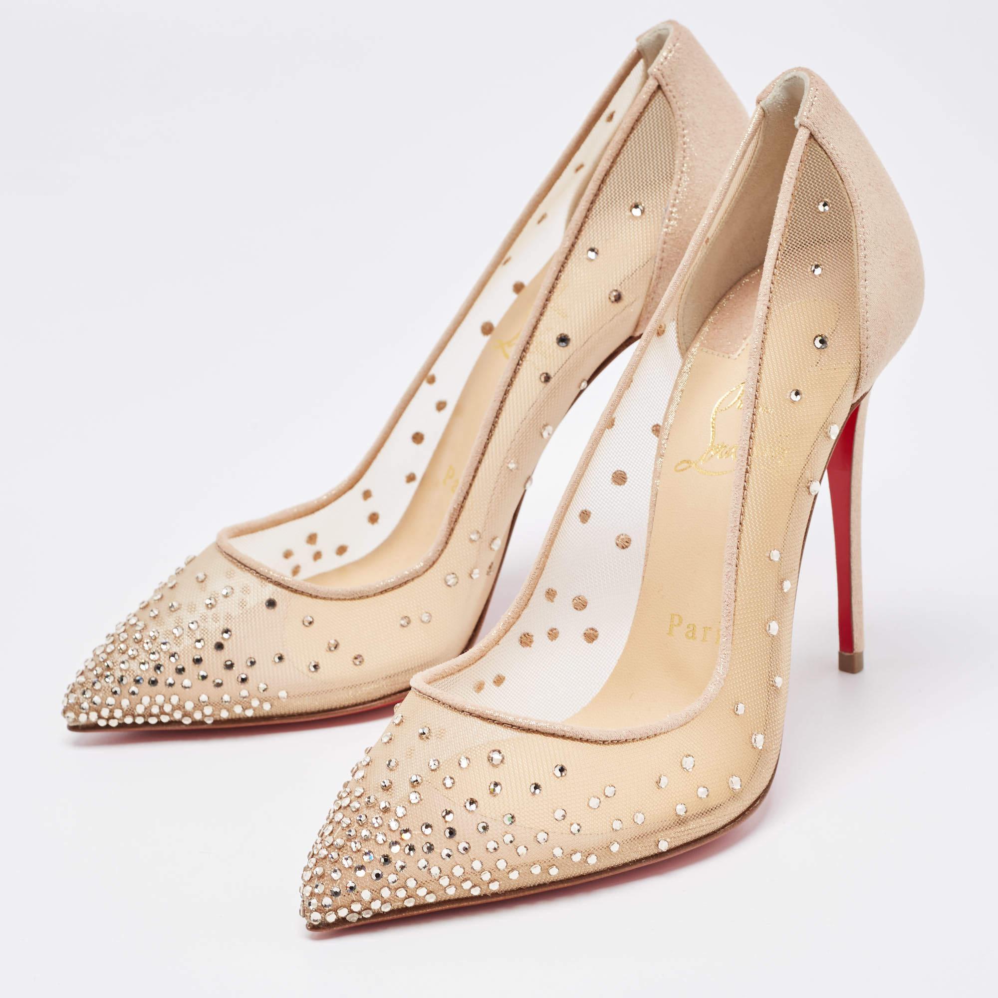 Christian Louboutin Beige Mesh and Suede Follies Strass Pumps Size 37 1