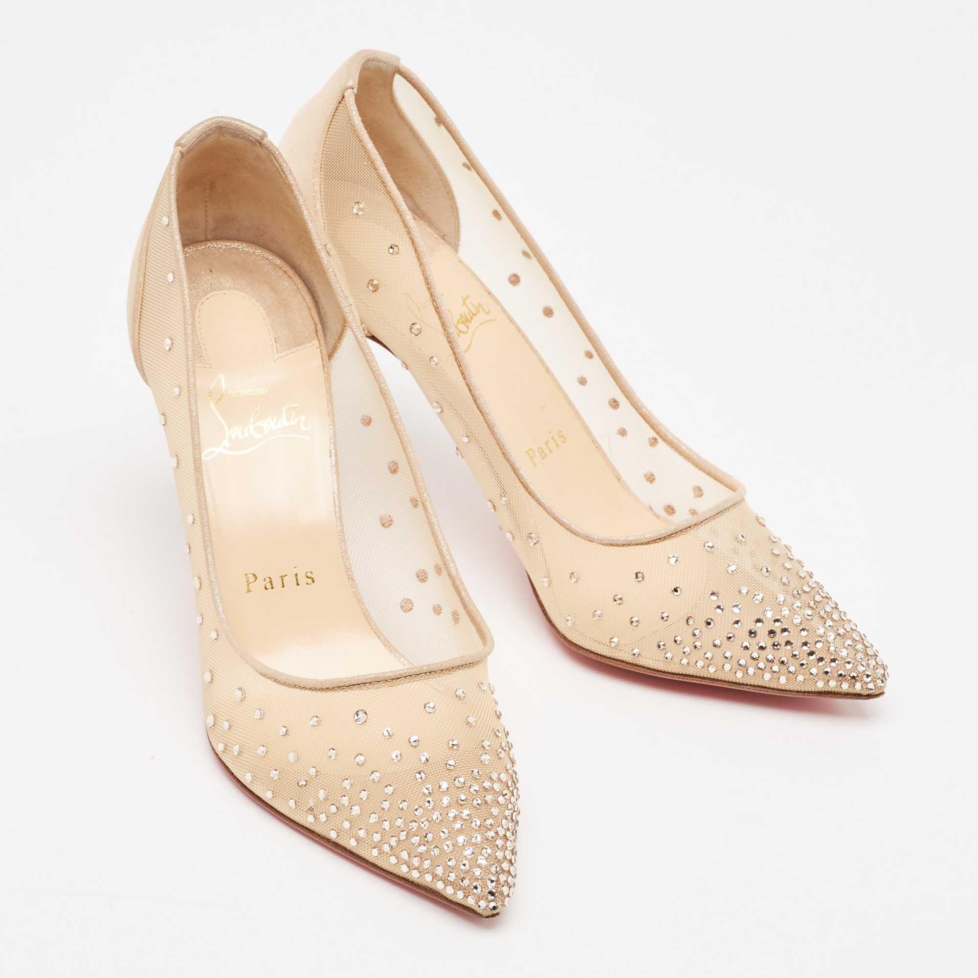 Christian Louboutin Beige Mesh and Suede Follies Strass Pumps Size 37 2