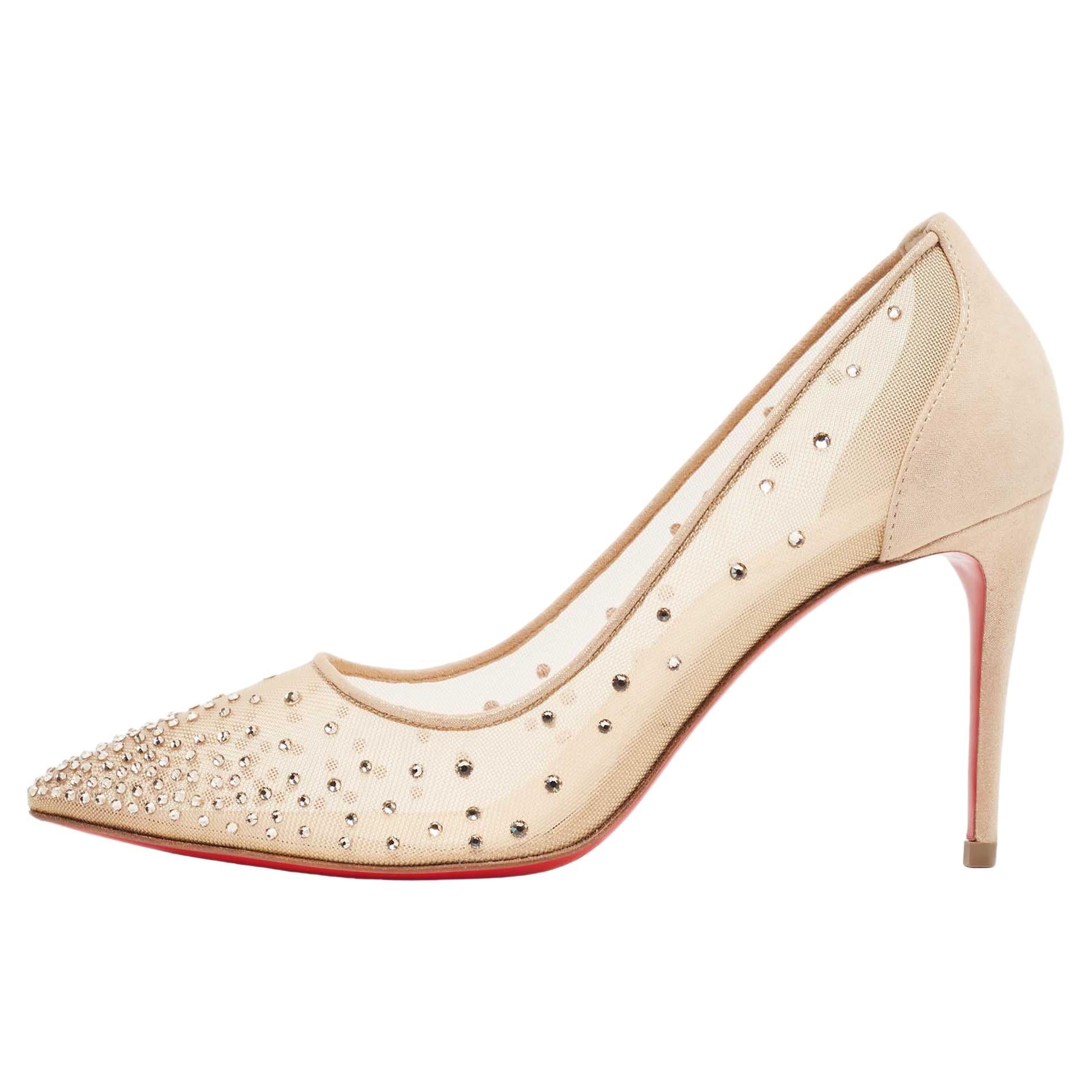 Christian Louboutin Beige Mesh and Suede Follies Strass Pumps Size 37
