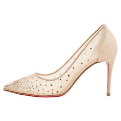 Used Christian Louboutin Beige Mesh and Suede Follies Strass Pumps Size 37