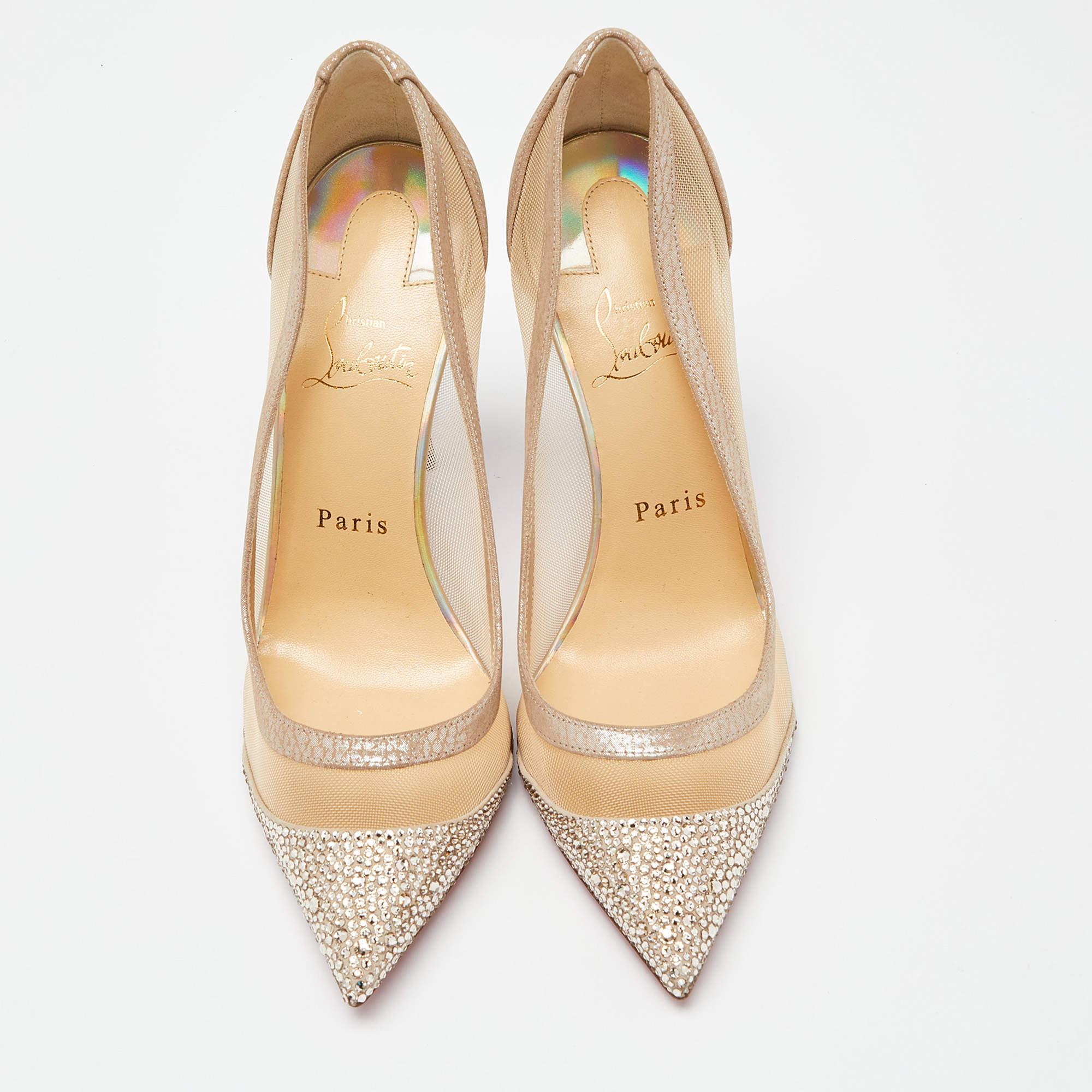 Exhibit an elegant style with this pair of pumps. These Christian Louboutin shoes for women are crafted from quality materials. They are set on durable soles and sleek heels.

