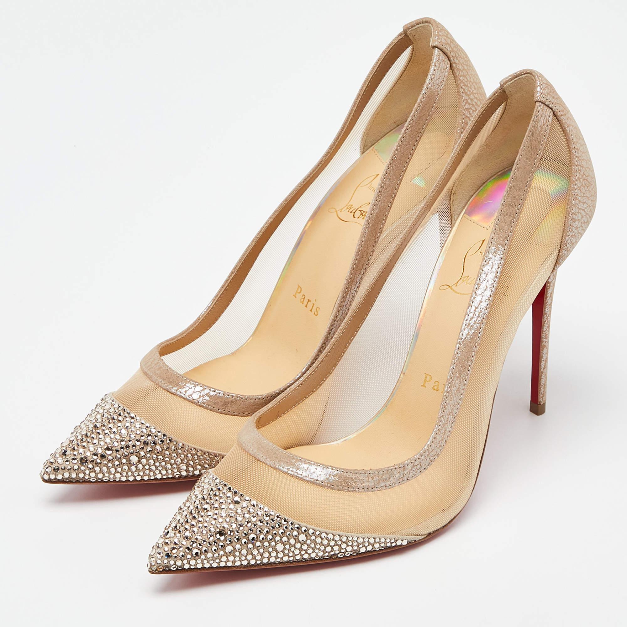 Christian Louboutin Beige Mesh Embellished Galativi Strass Pumps Size 38.5 1