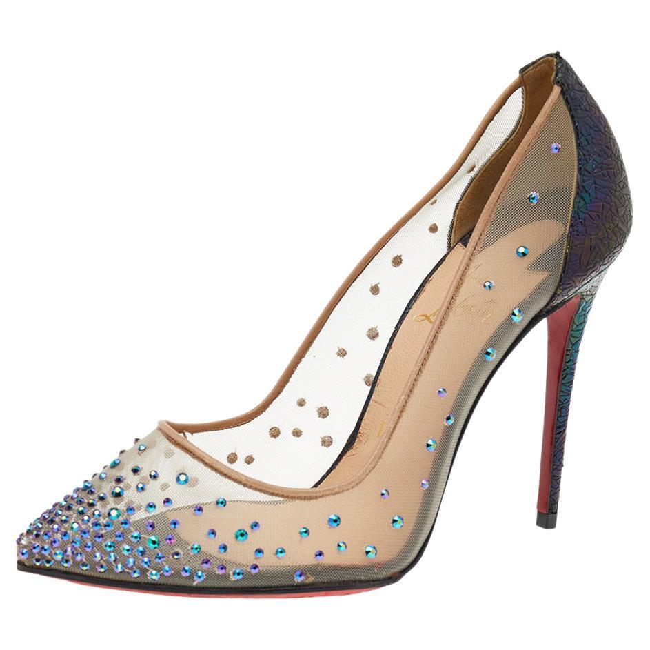 Christian Louboutin Beige Mesh and Leather Follies Strass Pumps Size 35