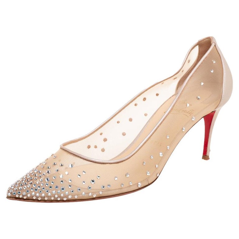 Christian Louboutin Beige/Metallic Leather and Mesh Follies Strass Pumps  Size 39 For Sale at 1stDibs