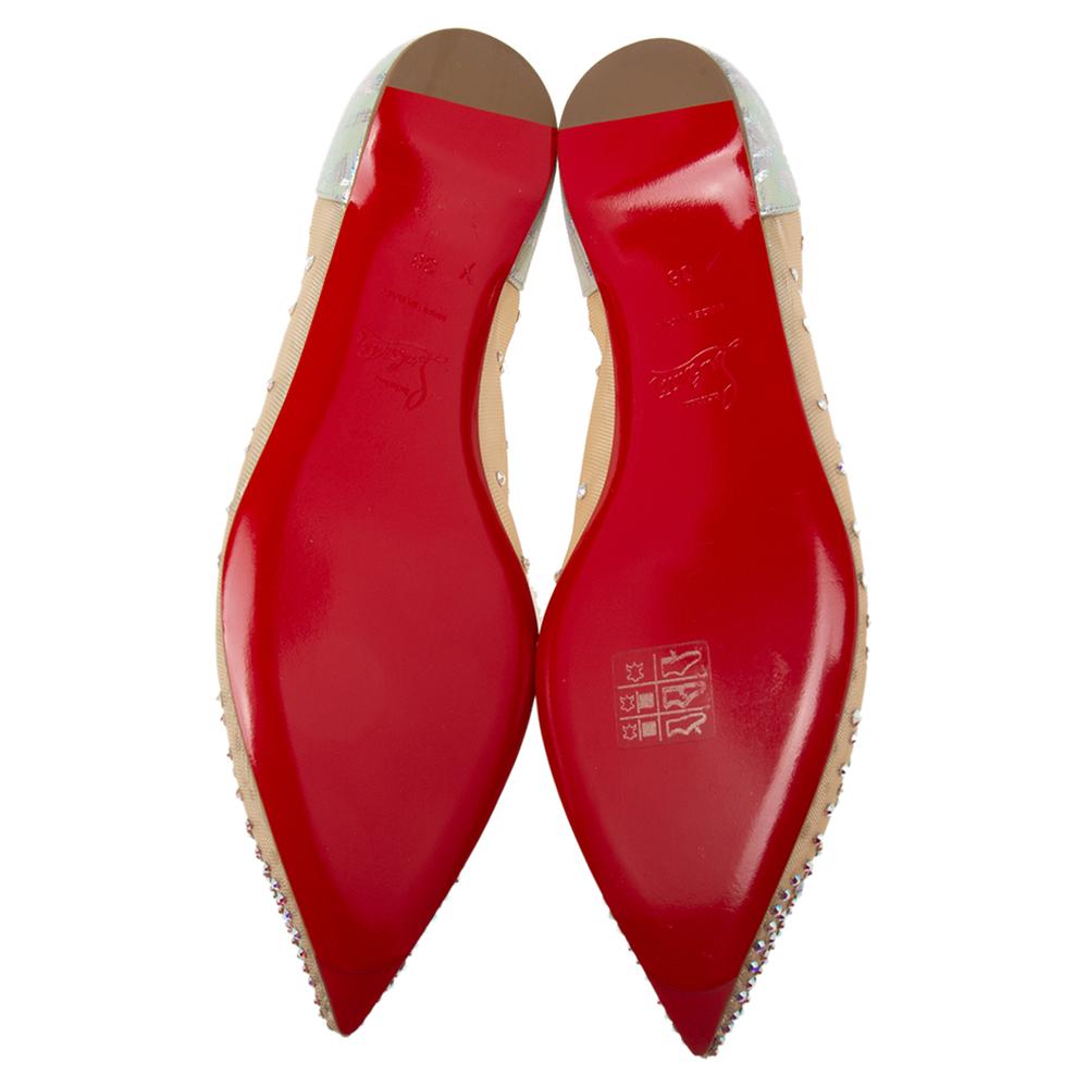 Christian Louboutin Beige Mesh Iridescent Follies Strass Ballet Flats Size 38 In New Condition In Dubai, Al Qouz 2