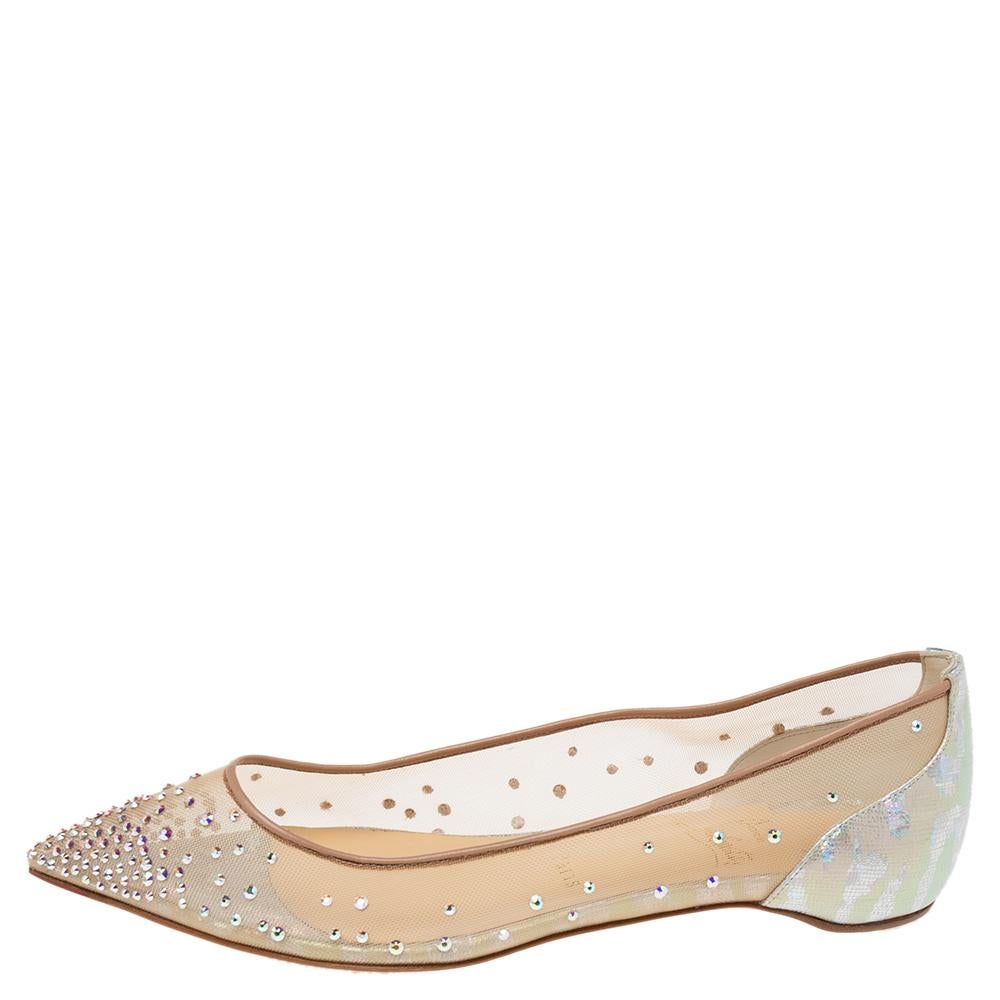 Women's Christian Louboutin Beige Mesh Iridescent Follies Strass Ballet Flats Size 38