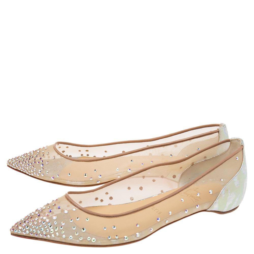 Christian Louboutin Beige Mesh Iridescent Follies Strass Ballet Flats Size 38 3