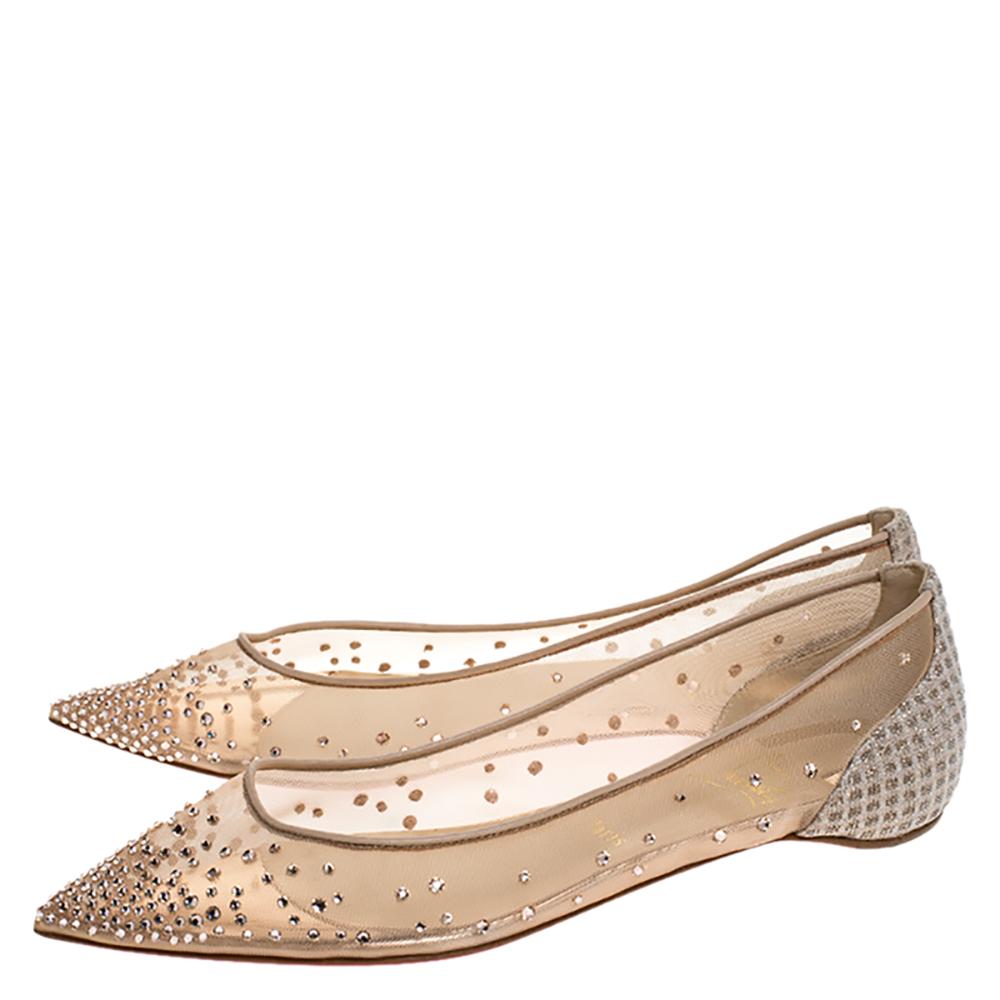 Christian Louboutin Beige Mesh & Lame Fabric Pointed Toe Ballet Flats Size 38.5 In Excellent Condition In Dubai, Al Qouz 2