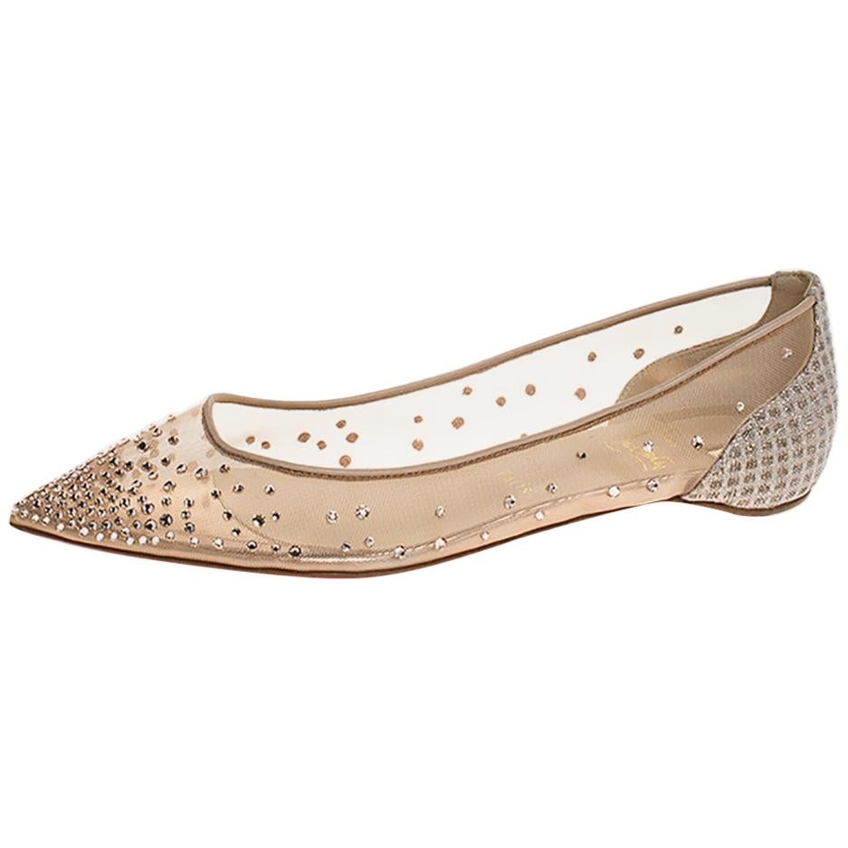 Christian Louboutin Beige Mesh & Lame Fabric Pointed Toe Ballet Flats Size 38.5