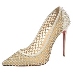 Christian Louboutin Beige Mesh Spike Patent Trimmed Guni Pointed-Toe Size 38.5