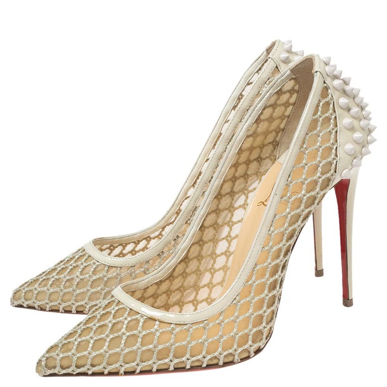 Christian Louboutin Beige Mesh Spike Trimmed Guni Pointed-Toe Pumps Size  38.5 For Sale at 1stDibs