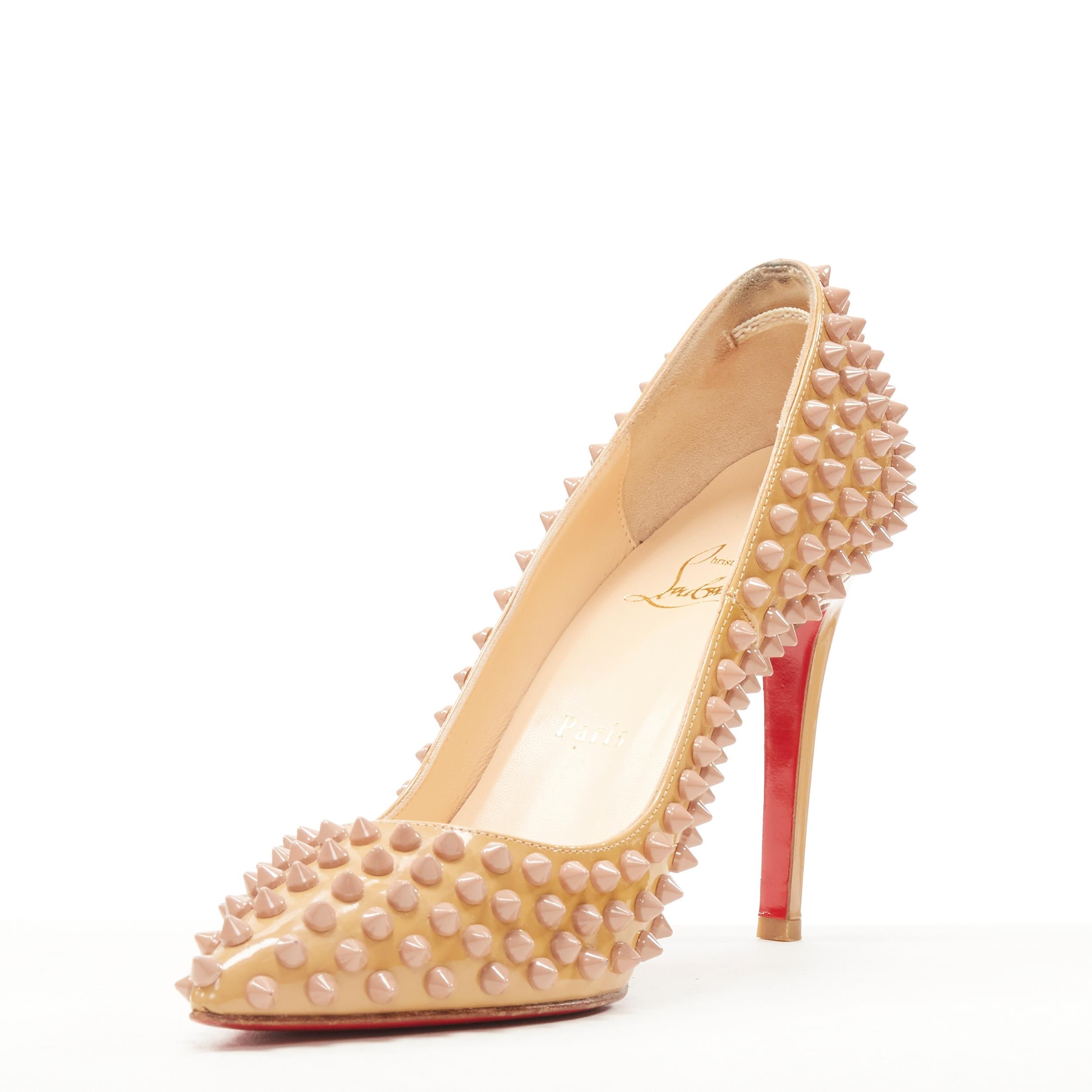 CHRISTIAN LOUBOUTIN beige nude patent spike studded pigalle pump EU37.5 In Excellent Condition In Hong Kong, NT
