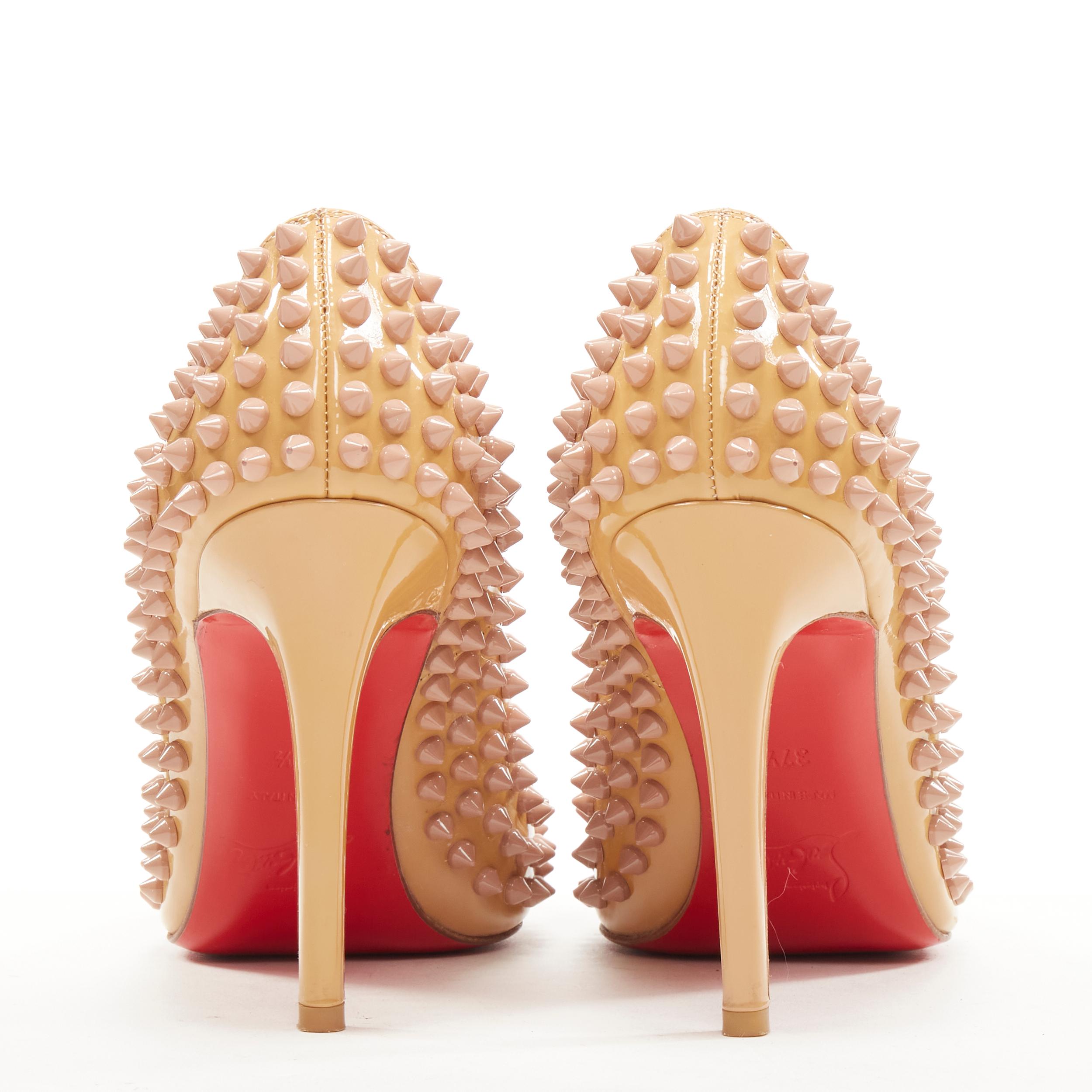 Women's CHRISTIAN LOUBOUTIN beige nude patent spike studded pigalle pump EU37.5