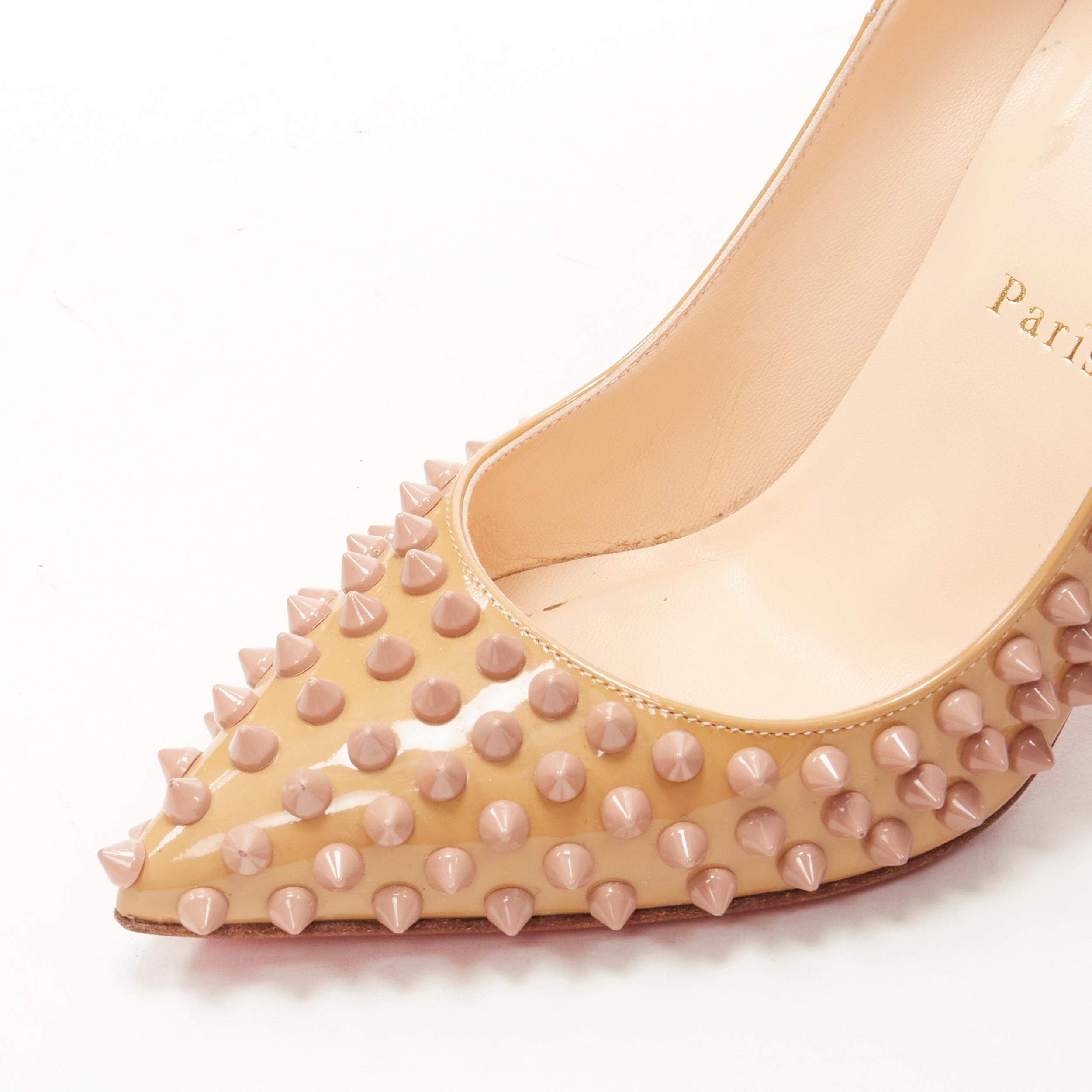 CHRISTIAN LOUBOUTIN beige nude patent spike studded pigalle pump EU37.5 2