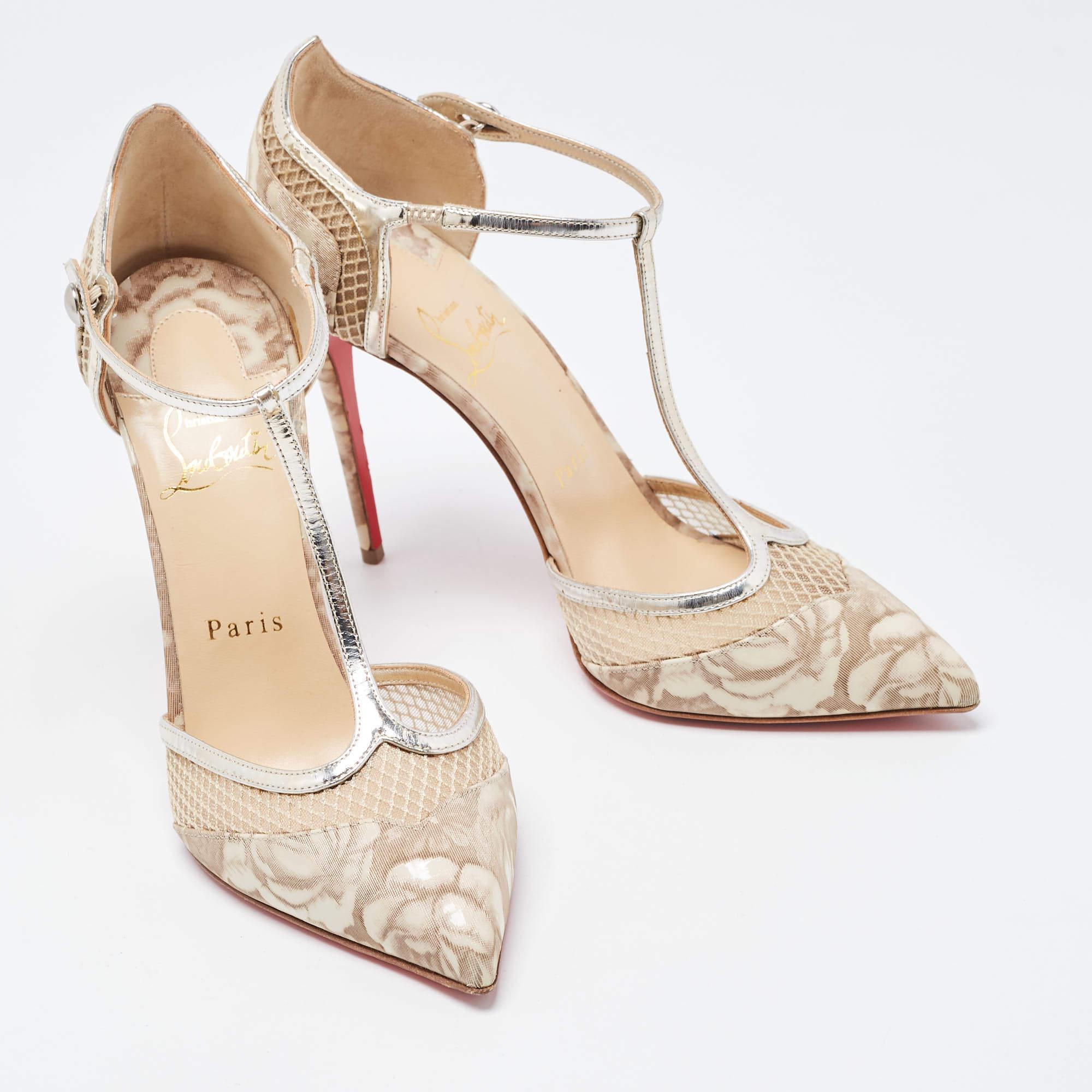 Christian Louboutin Beige Patent and Mesh Mrs.Early Pumps Size 38.5 In Good Condition In Dubai, Al Qouz 2