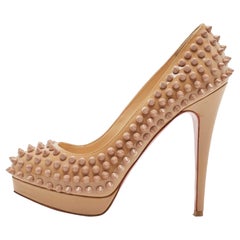 Christian Louboutin Beige Patent Leather Alti Spiked Platform Pumps Size 36