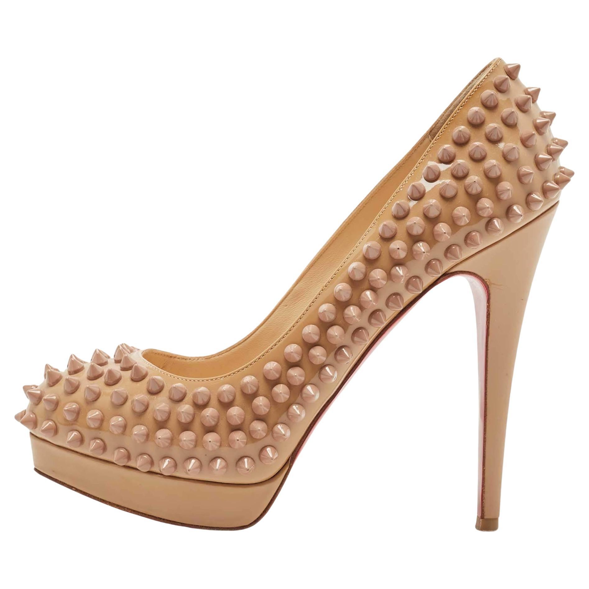 Christian Louboutin Beige Patent Leather Alti Spiked Platform Pumps Size 36 For Sale