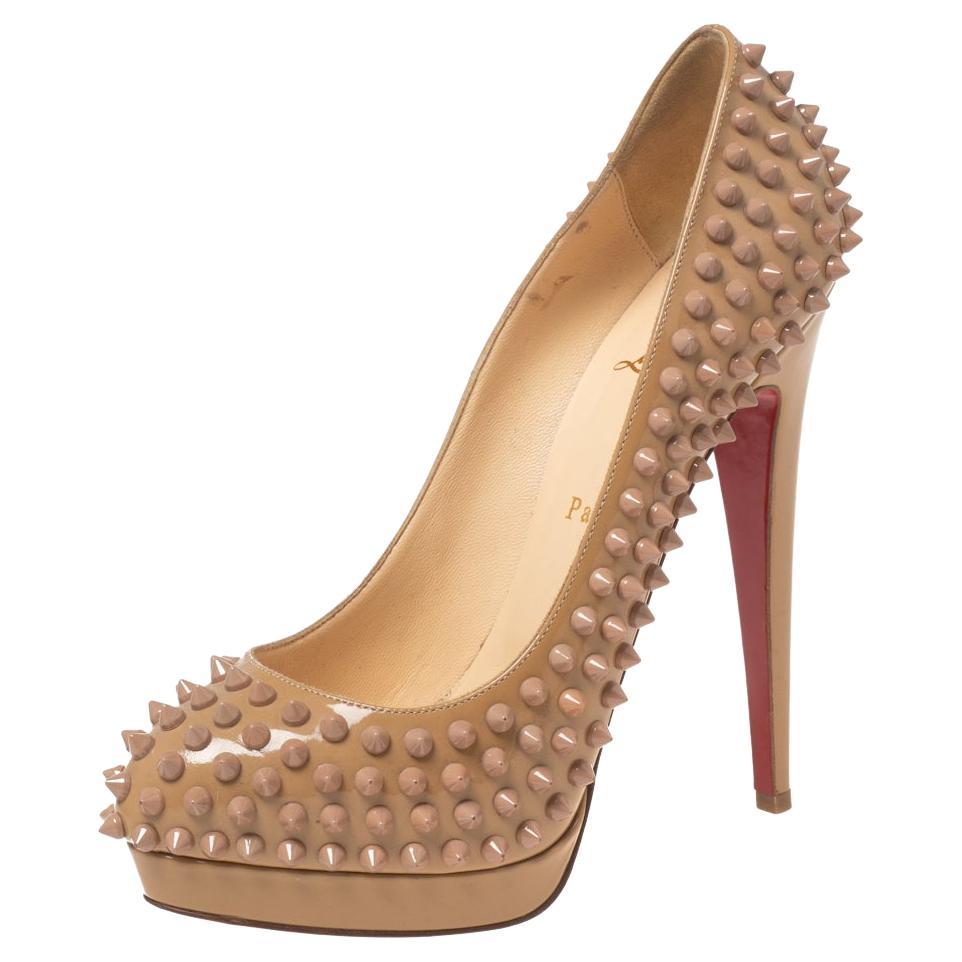 Christian Louboutin Beige Patent Leather Alti Spiked Platform Pumps Size 39 For Sale