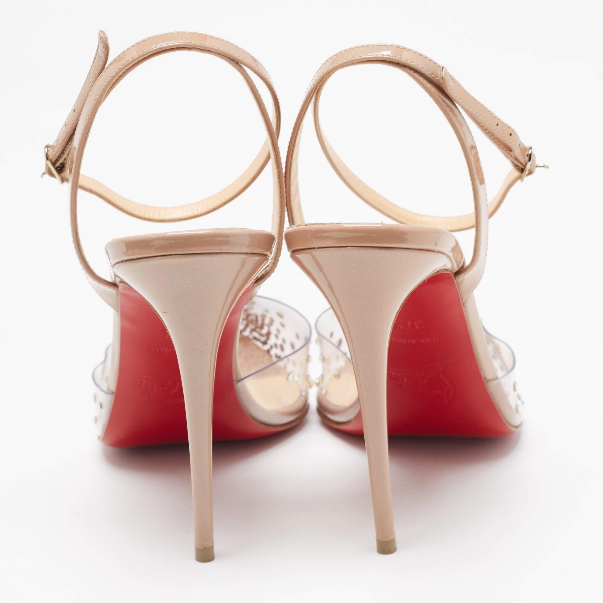 Christian Louboutin Beige Patent Leather and PVC Ankle Strap Pumps Size 37.5 In Good Condition For Sale In Dubai, Al Qouz 2